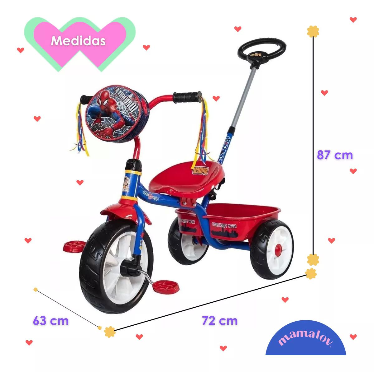Triciclo Apache Para Niño Spiderman Cajuela Barra Empuje