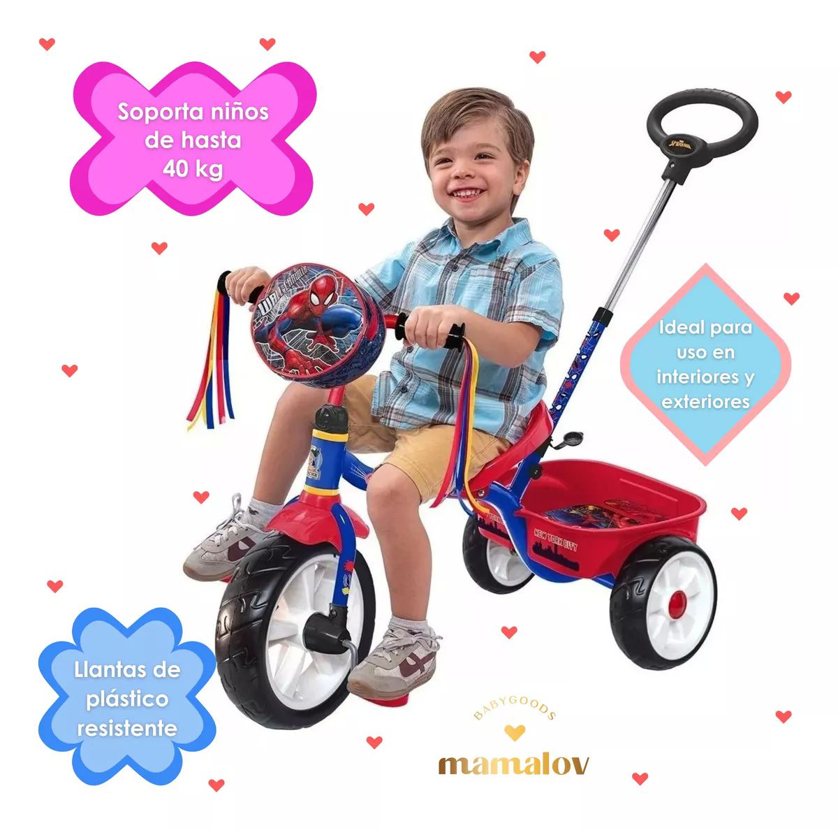 Triciclo Apache Para Niño Spiderman Cajuela Barra Empuje