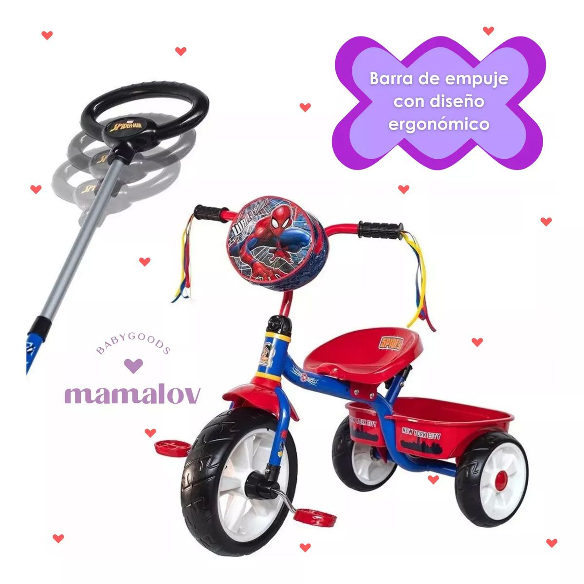 Triciclo Apache Para Niño Spiderman Cajuela Barra Empuje