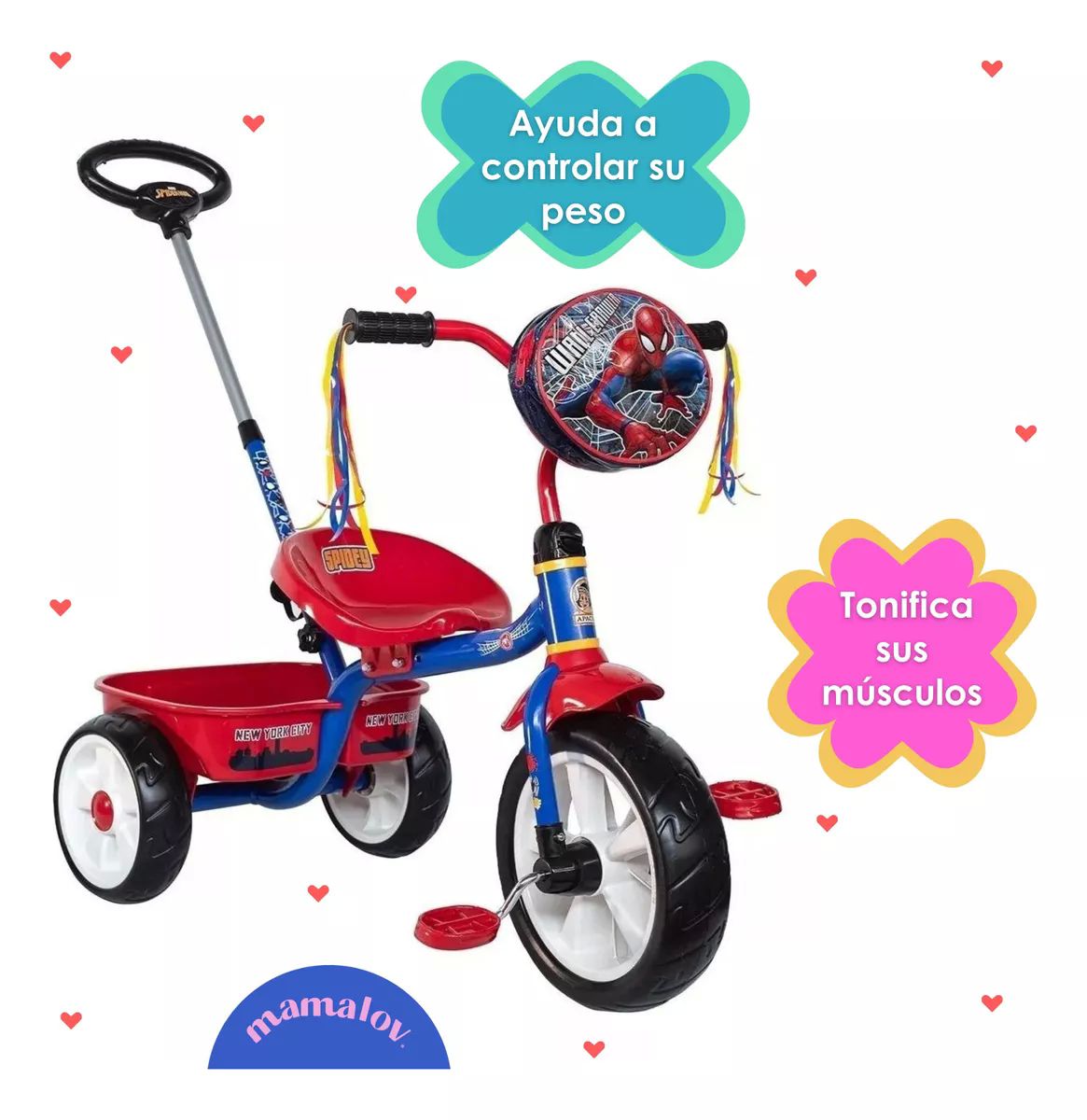 Triciclo Apache Para Niño Spiderman Cajuela Barra Empuje
