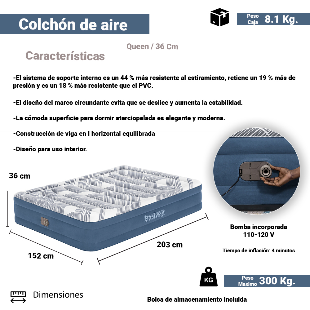 Colchon Inflable Bestway Queen Size Bomba Integrada