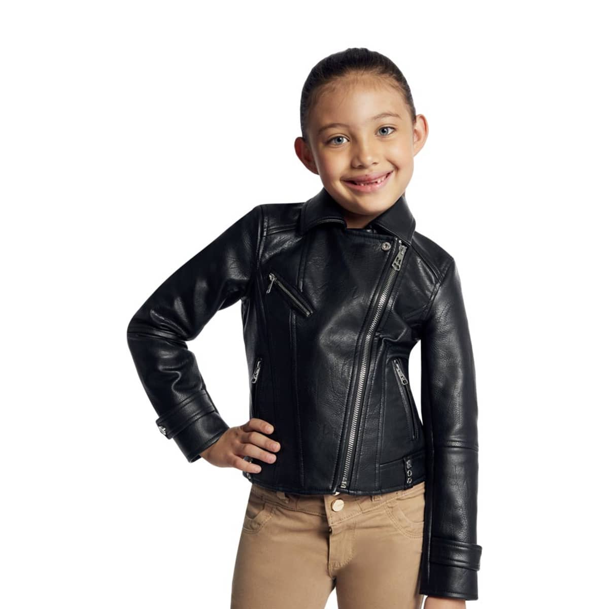 Chamarra para niña, cruzada, color negro, tacto de piel, mod. 1048284