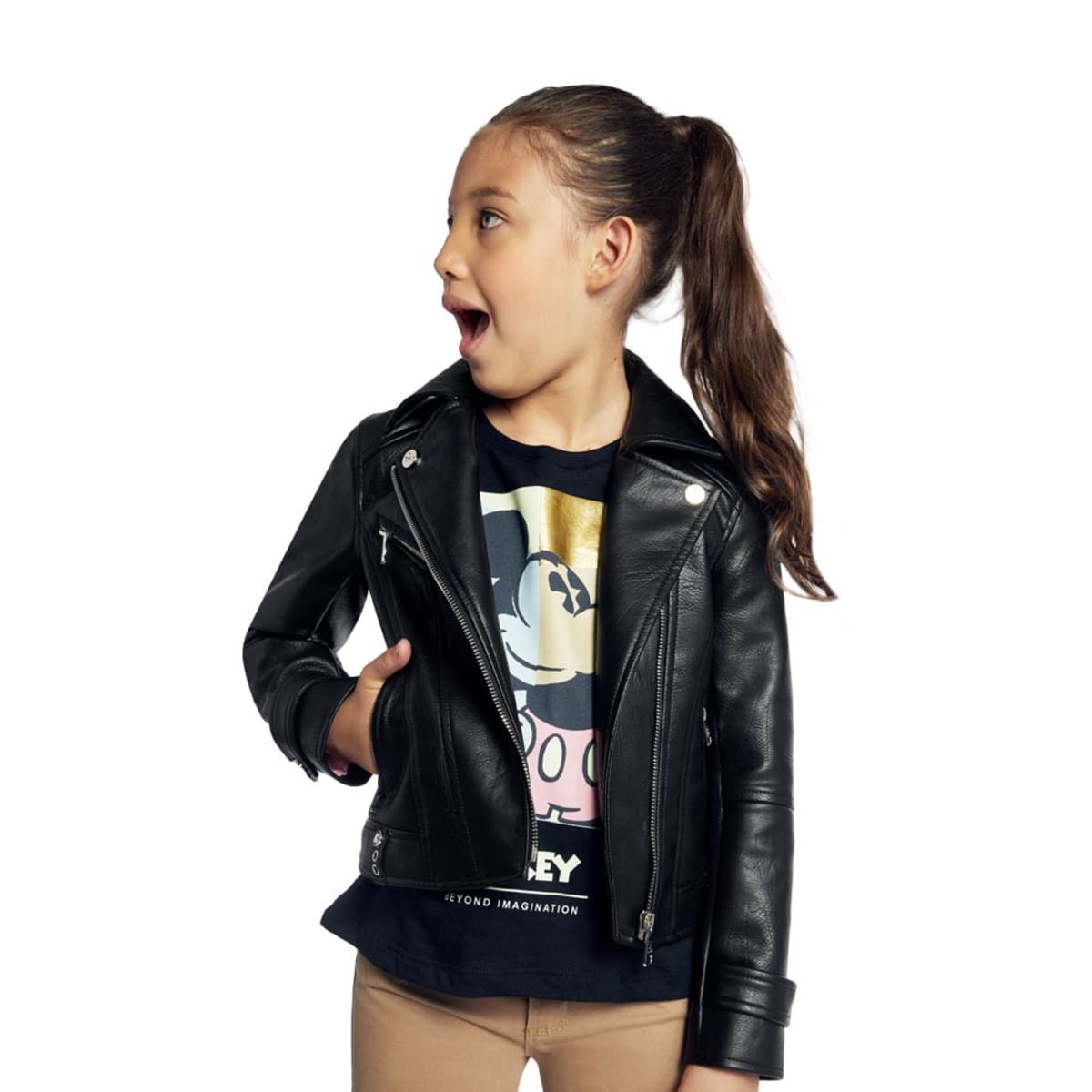 Chamarra para niña, cruzada, color negro, tacto de piel, mod. 1048284