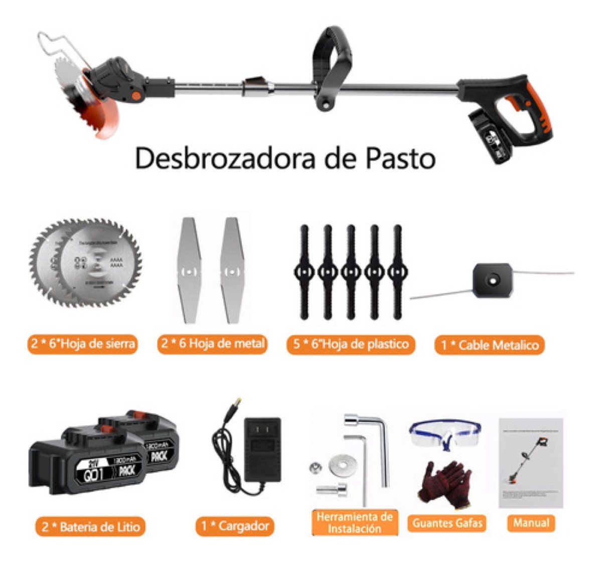 Desbrozadora Inalámbrica Electrica Podadora Cortadora Pasto Negro/Naranja .