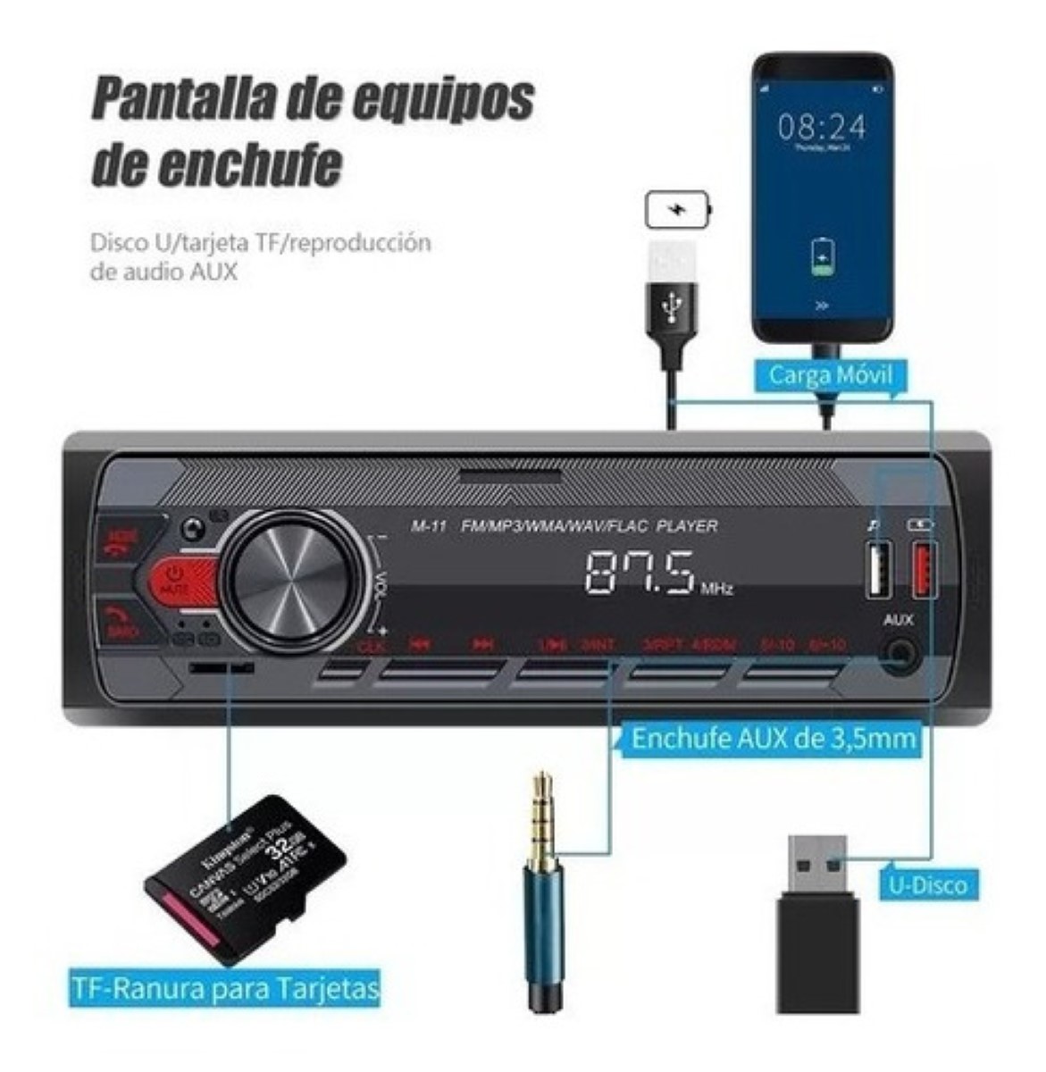 Auto Estereo Bluetooth Mp3 Radio Manos Libres Aux Fm Sd Usb Negro