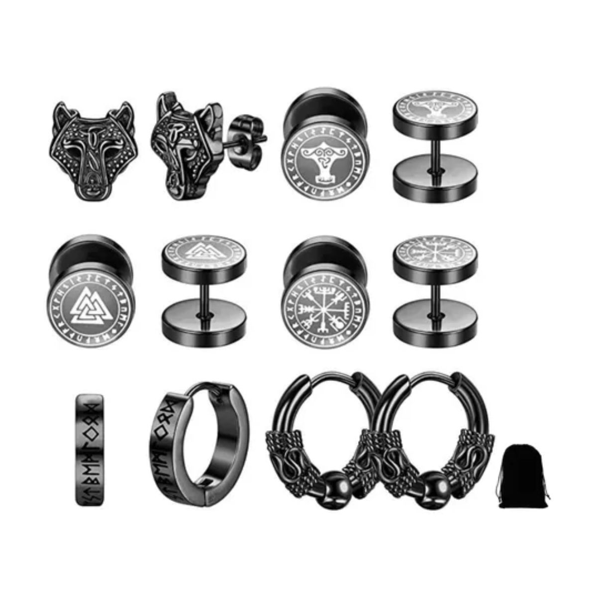 6 Pares Aretes Con Piercing Pendientes Runas Vikingas Hombre Negro