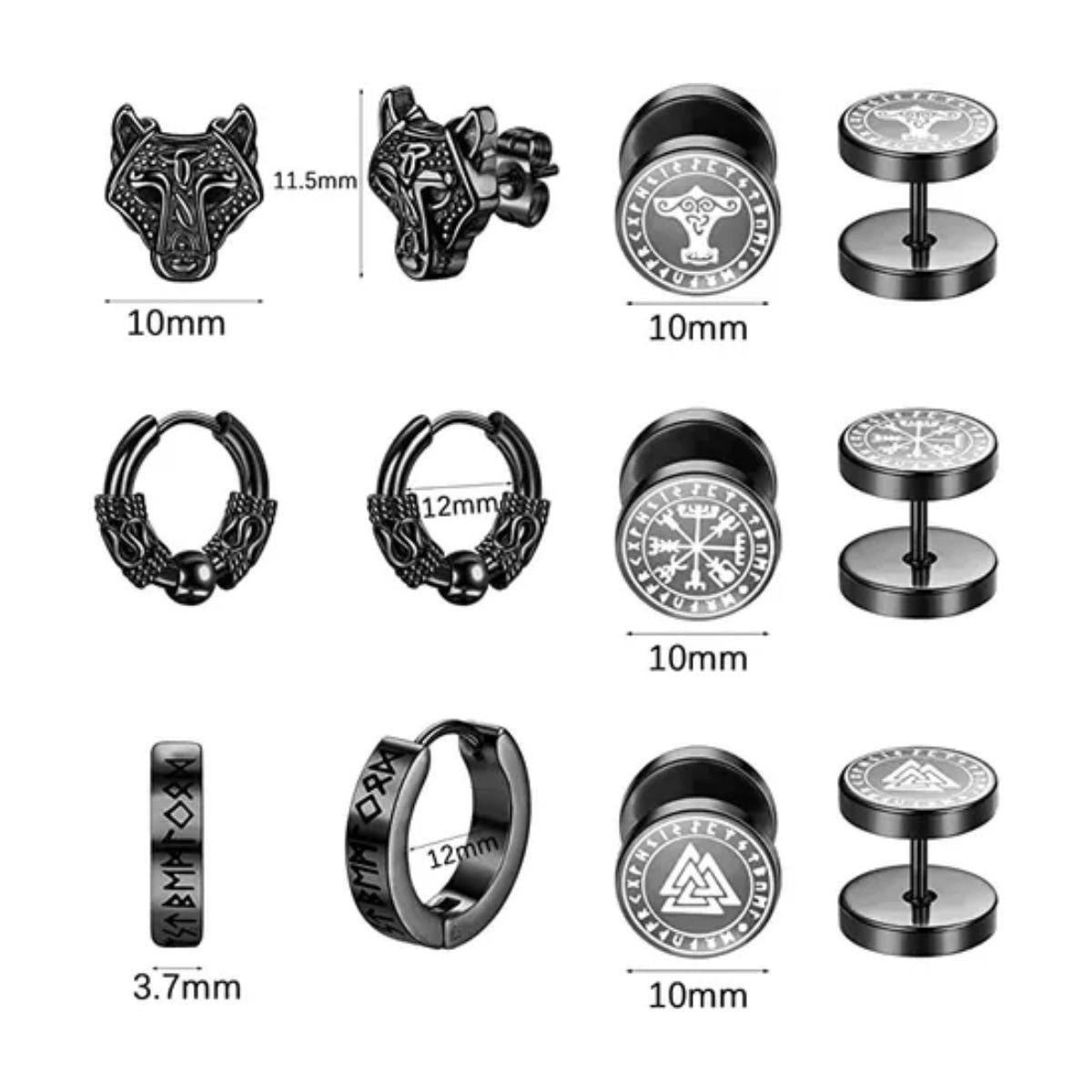 6 Pares Aretes Con Piercing Pendientes Runas Vikingas Hombre Negro