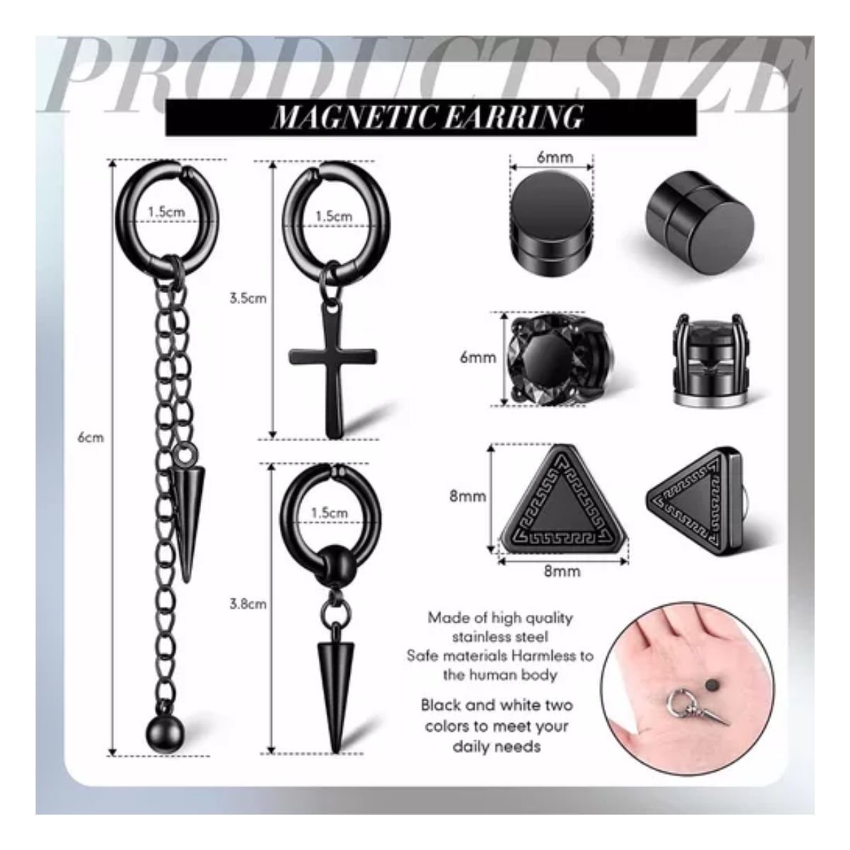 10 Pares Aretes Hombre Falsos Piercing Imán Arracadas Acero 