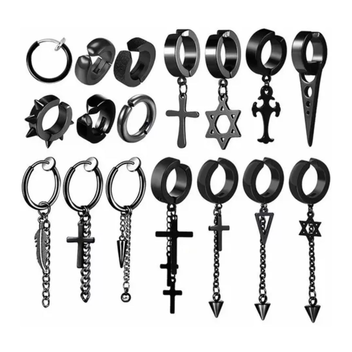 17piezas Aretes Hombre Falsos Piercing Estilo Punk Colgantes Negro