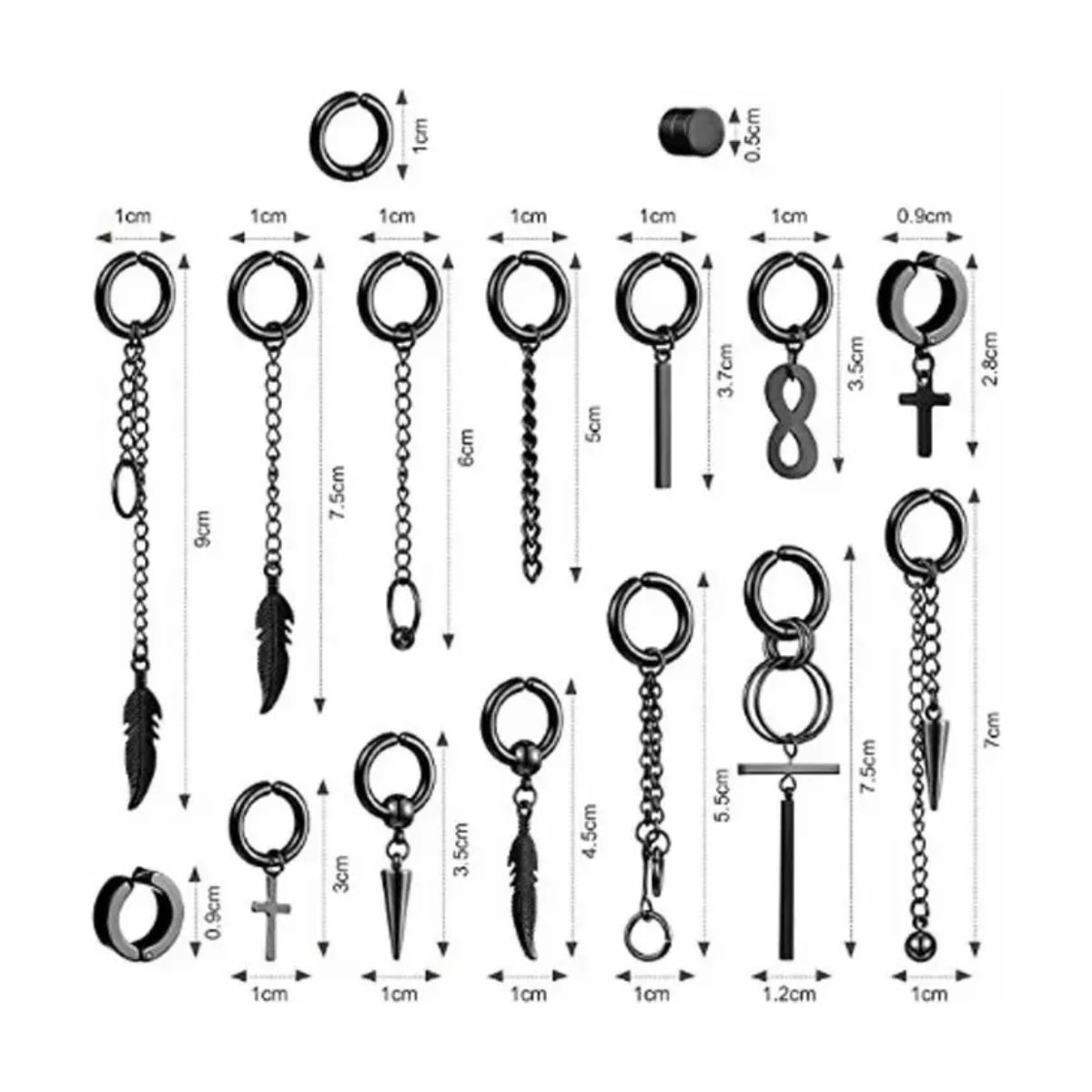 20 Piezas Aretes Falsos Piercing Hombre Mujer Arracadas Set negro