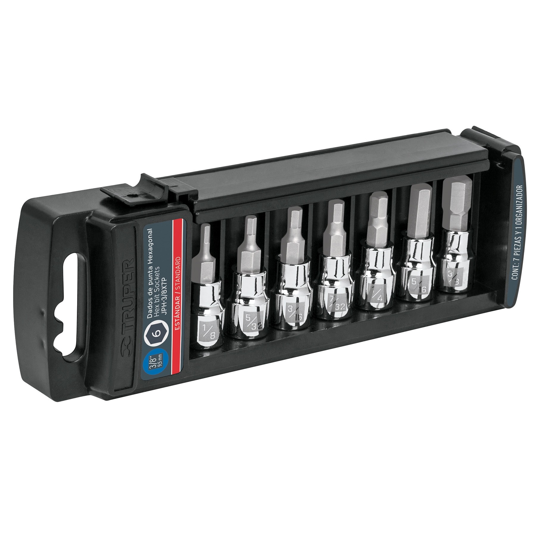 JUEGO DE 7 DADOS PUNTA HEXAGONAL STD, CUADRO 3/8", TRUPER 14169