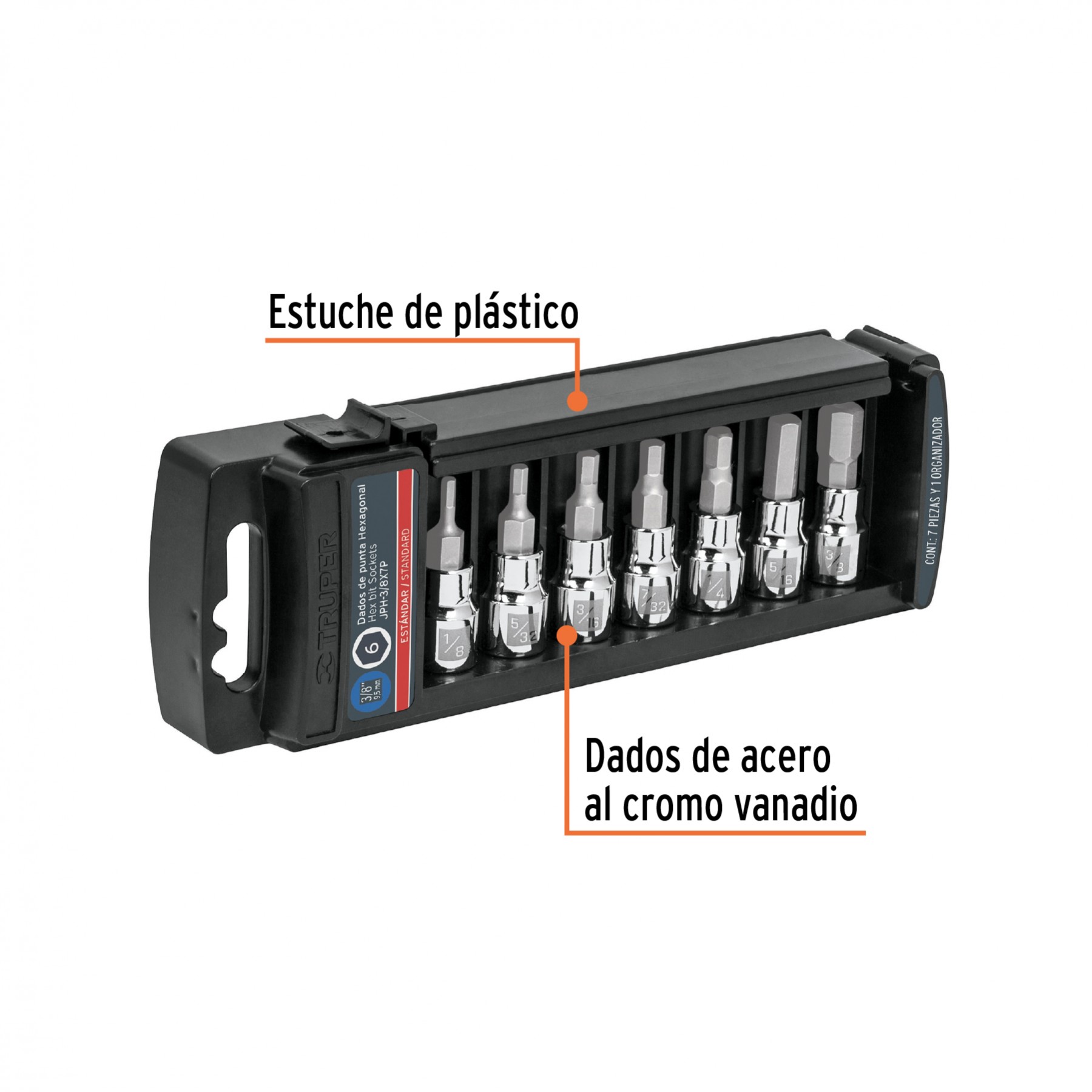 JUEGO DE 7 DADOS PUNTA HEXAGONAL STD, CUADRO 3/8", TRUPER 14169
