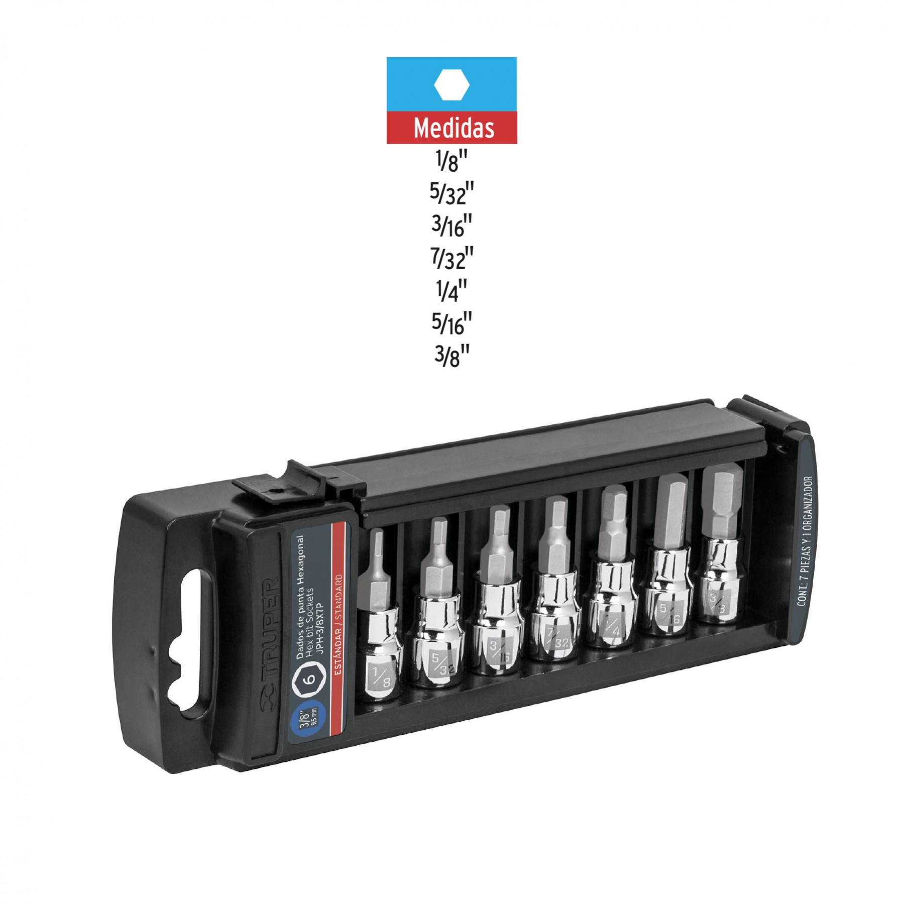 JUEGO DE 7 DADOS PUNTA HEXAGONAL STD, CUADRO 3/8", TRUPER 14169