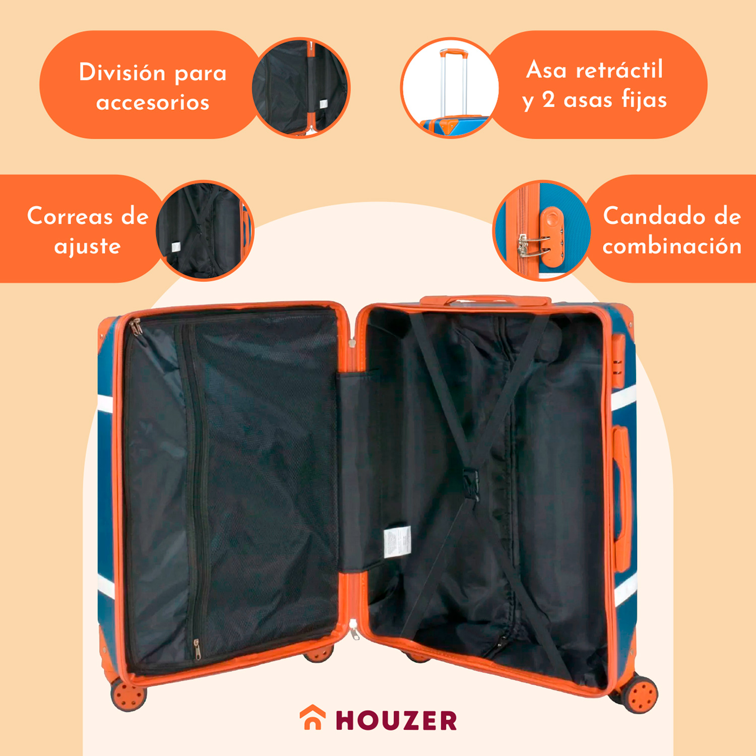 Set Maletas Viaje Vintage 4 Ruedas Resistentes Retro Tipo Baul Azul 4 pz.