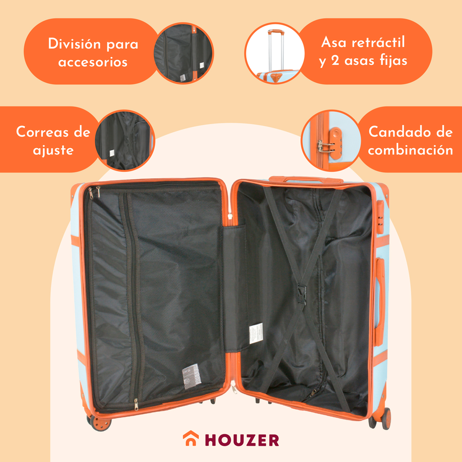 Set Maletas Viaje Vintage 4 Ruedas Resistentes Retro Tipo Baul Azul Cielo 4 pz.