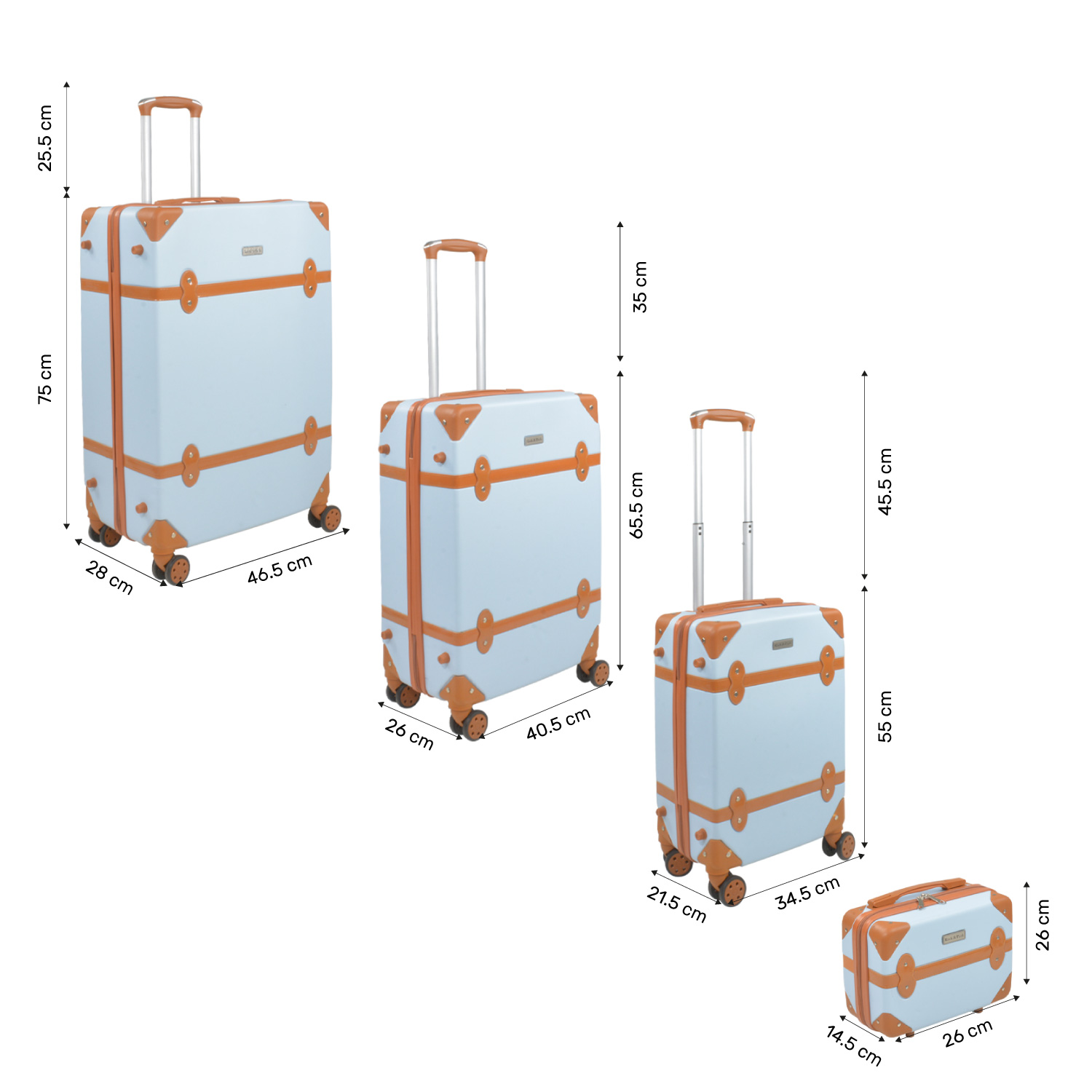 Set Maletas Viaje Vintage 4 Ruedas Resistentes Retro Tipo Baul Azul Cielo 4 pz.