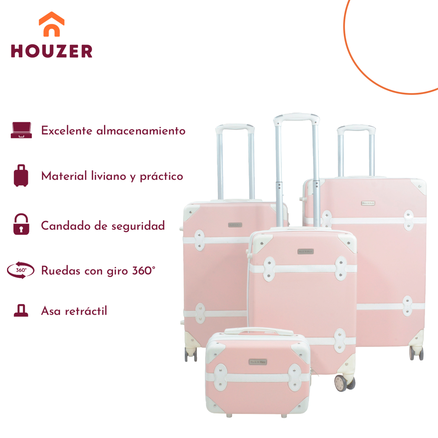 Set Maletas Viaje Vintage 4 Ruedas Resistentes Retro Tipo Baul Rosa 4 pz.