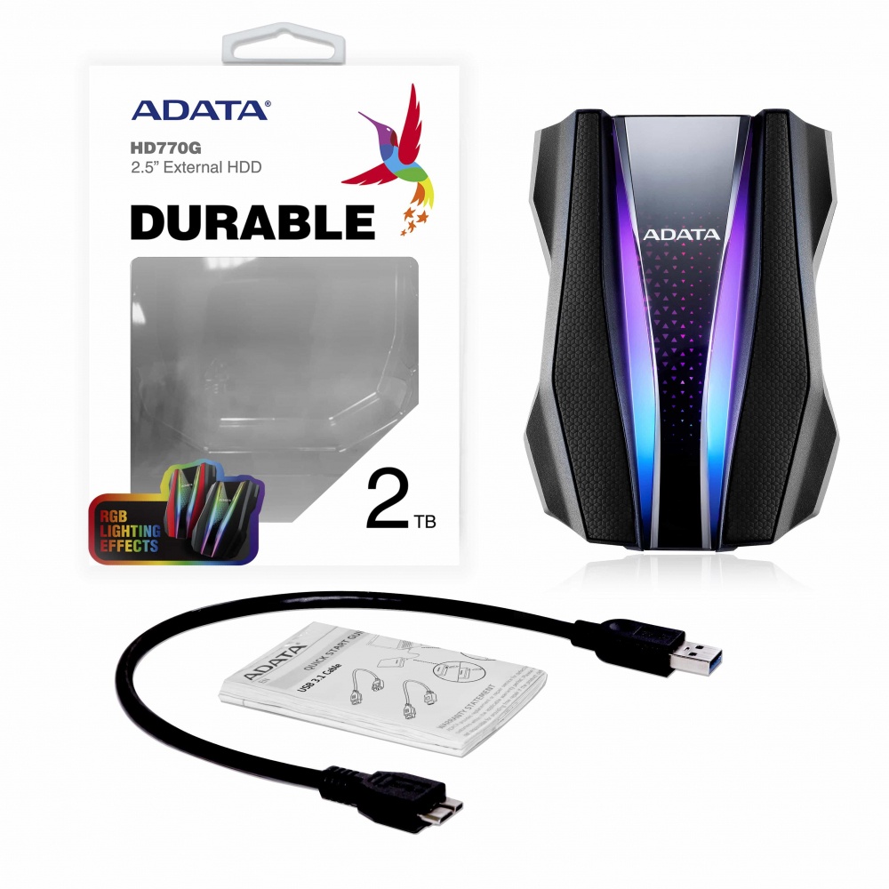 Disco Duro Externo Adata HD770G RGB 2.5", 2TB, USB, Negro, A Prueba de Agua, Polvo y Golpes