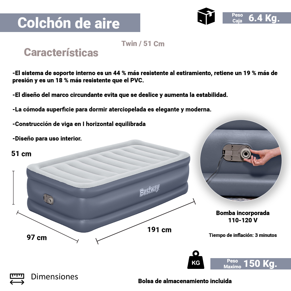 Colchon Inflable Bestway Individual Doble Altura Con Bomba