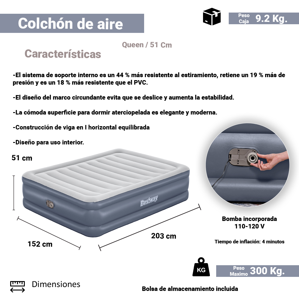 Colchon Inflable Bestway Queen De Doble Altura Con Bomba