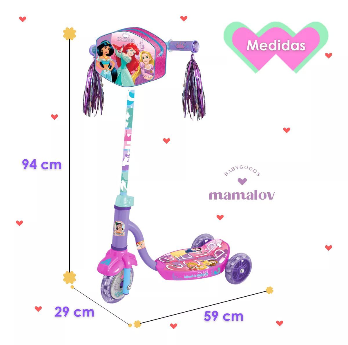Scooter Apache 3 Ruedas Bolsa Y Luces Princesas Disney +4
