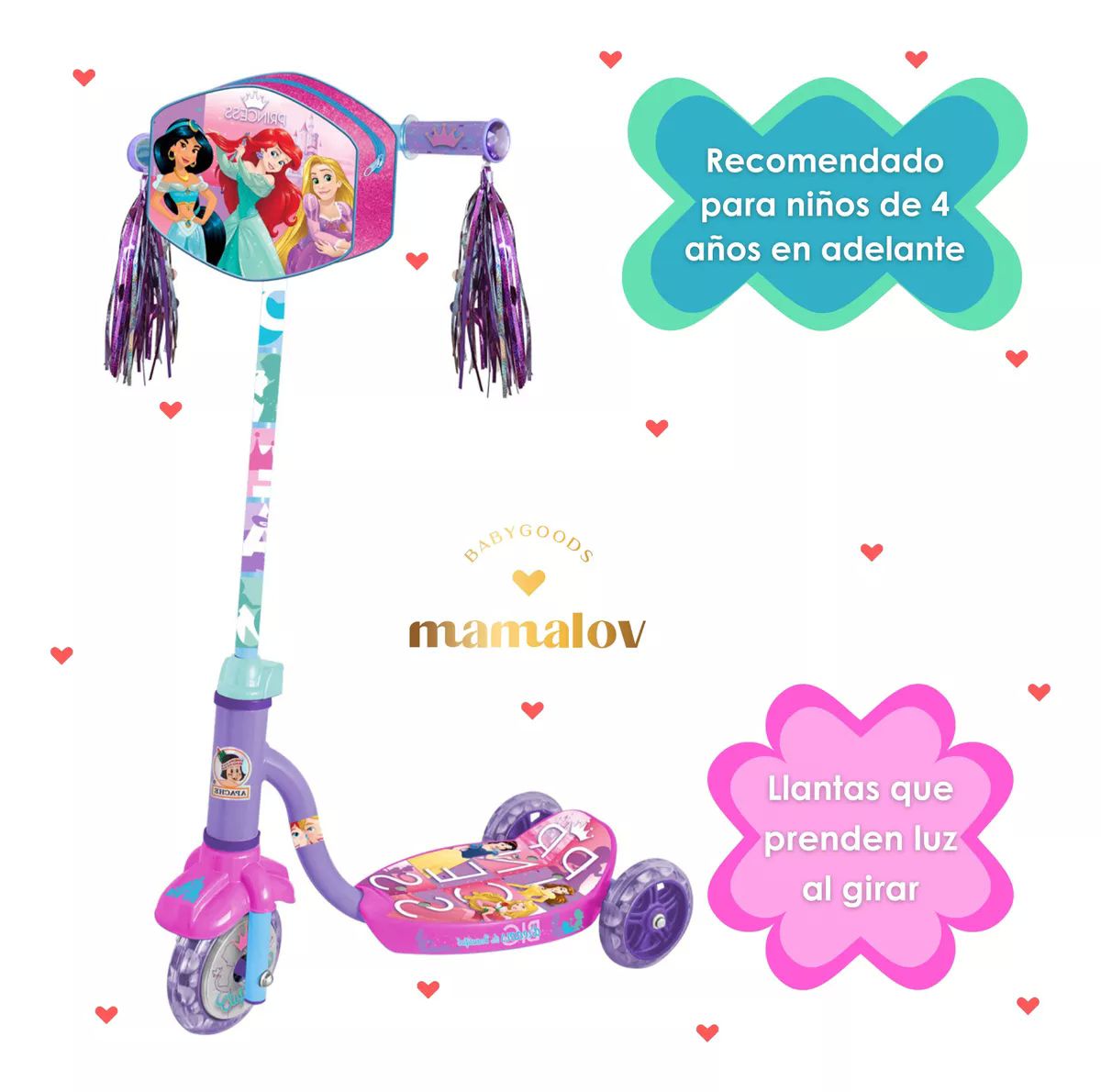 Scooter Apache 3 Ruedas Bolsa Y Luces Princesas Disney +4