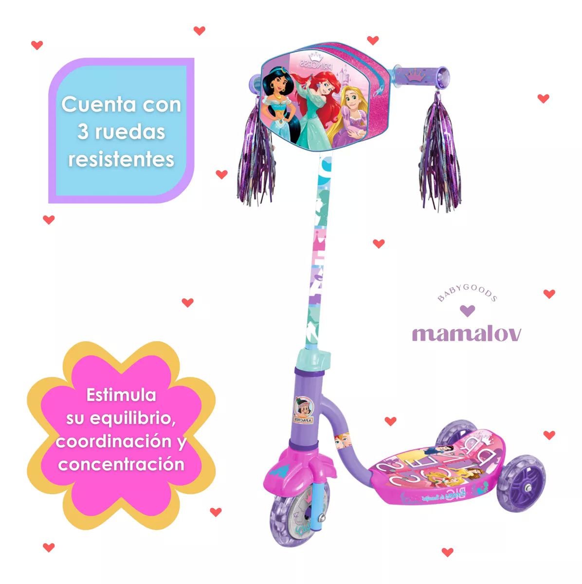 Scooter Apache 3 Ruedas Bolsa Y Luces Princesas Disney +4