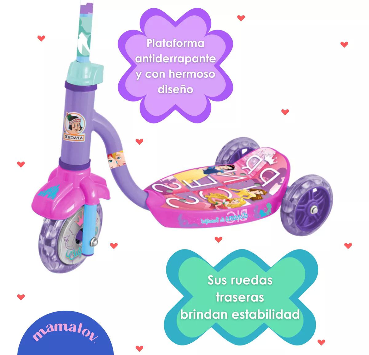Scooter Apache 3 Ruedas Bolsa Y Luces Princesas Disney +4
