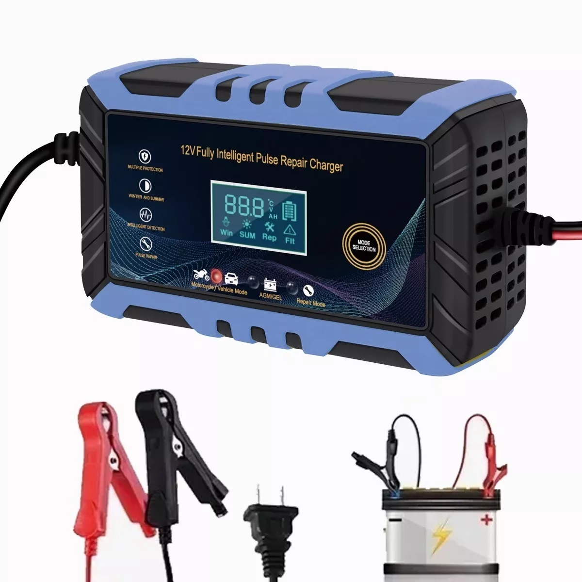 Cargador Inteligente De 12v 6a Para Batería De Auto Moto Azul