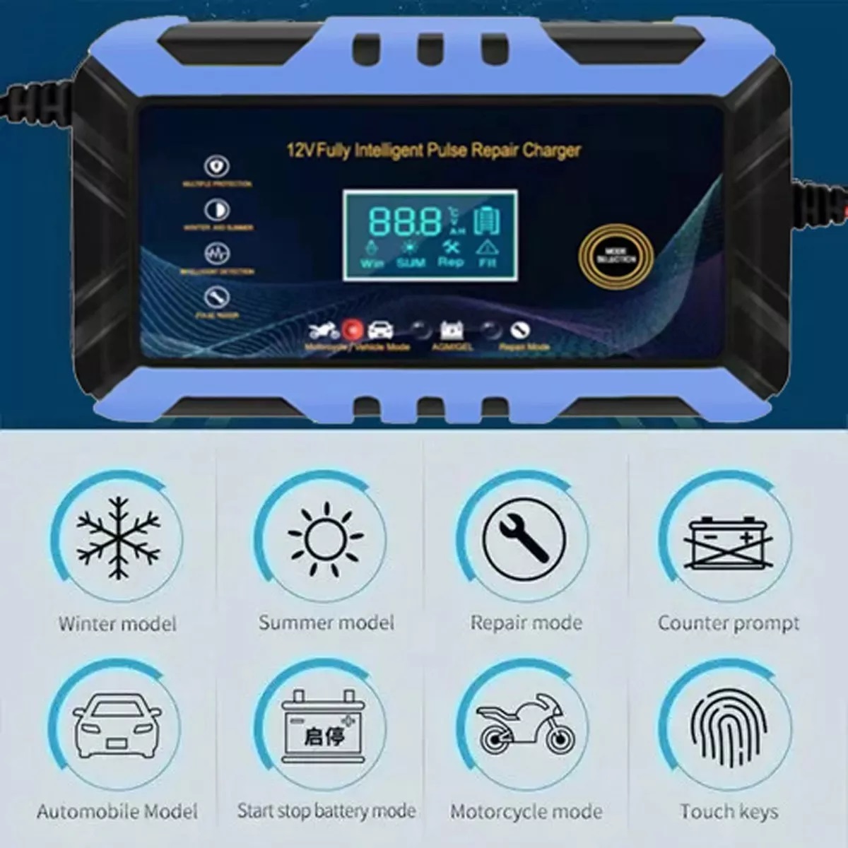 Cargador Inteligente De 12v 6a Para Batería De Auto Moto Azul