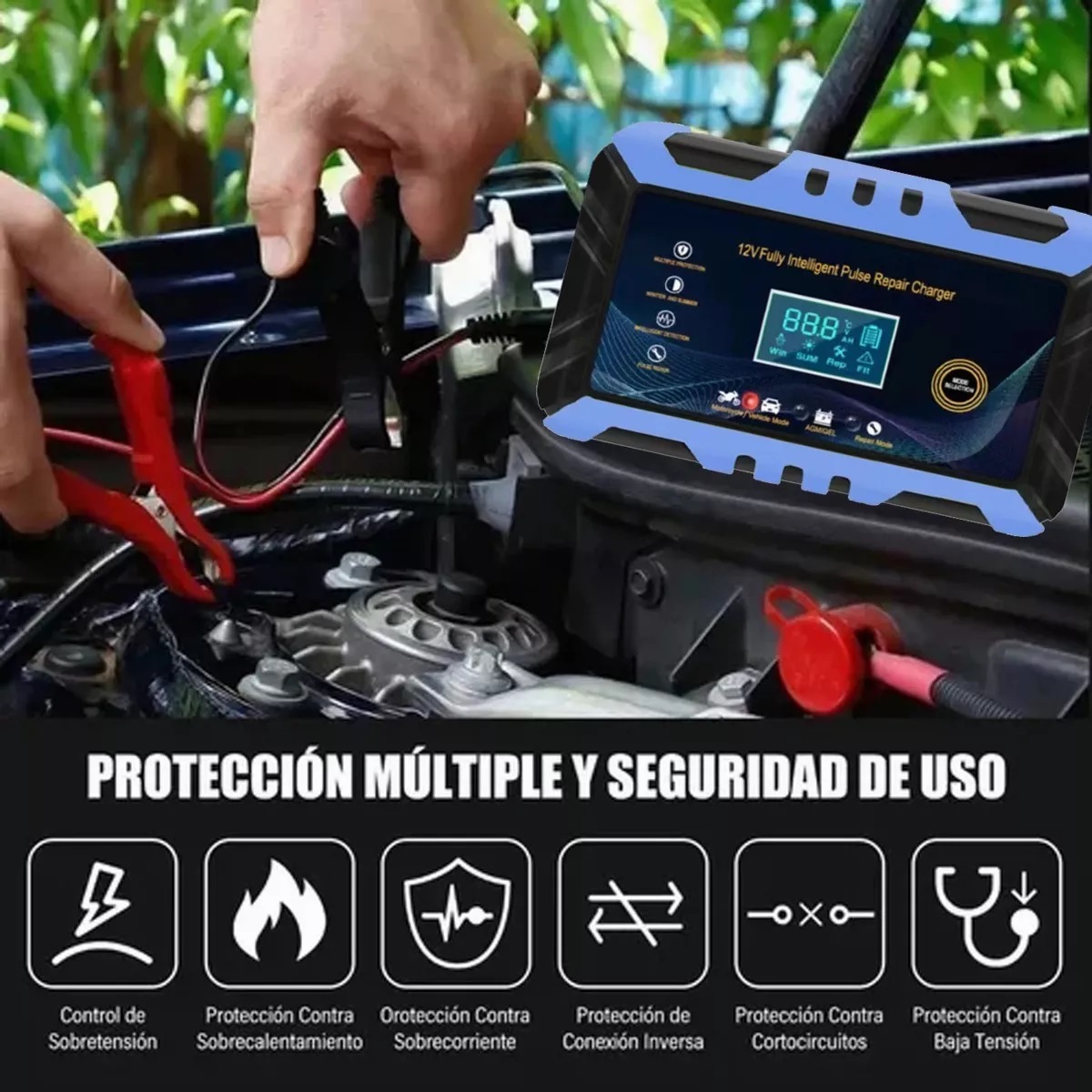 Cargador Inteligente De 12v 6a Para Batería De Auto Moto Azul