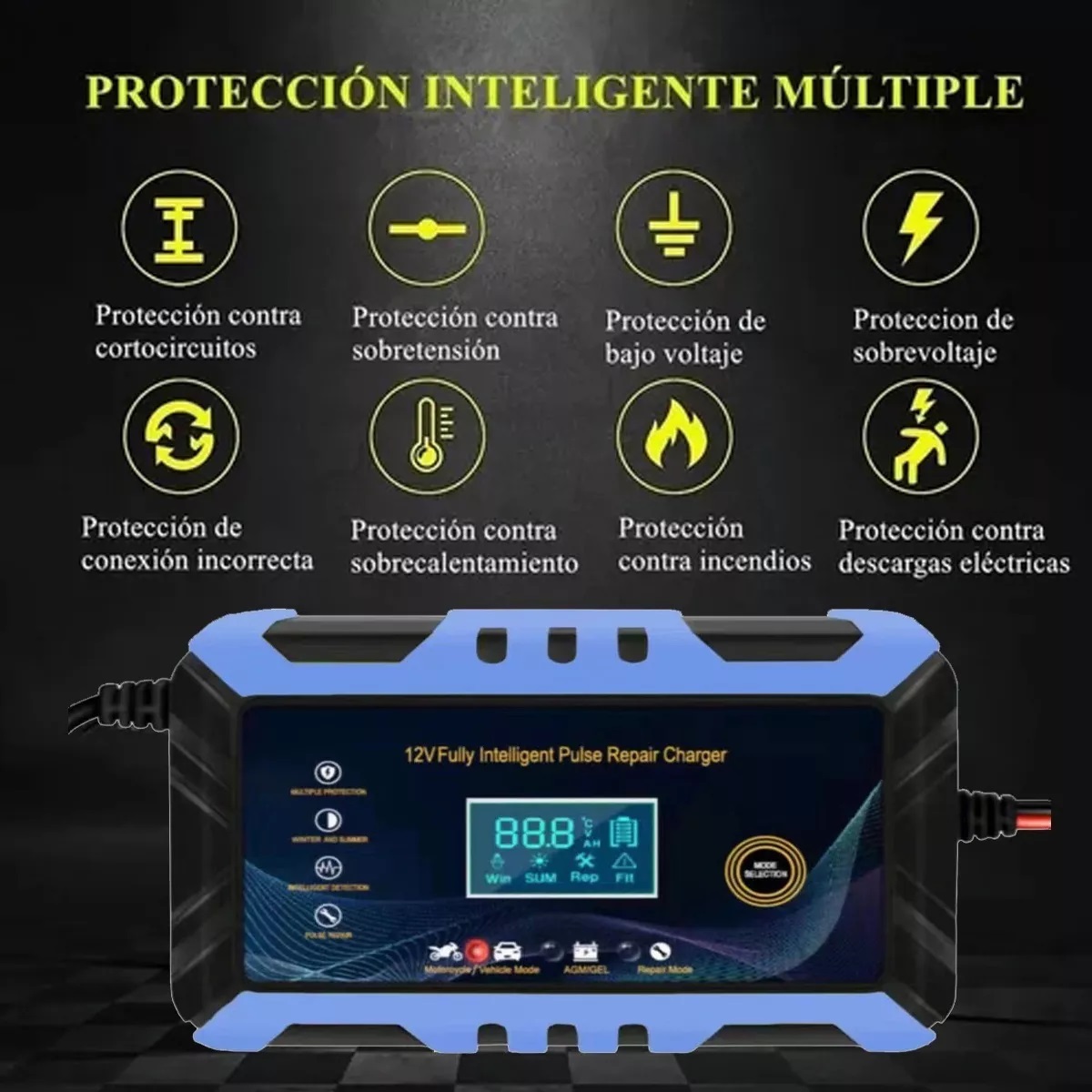 Cargador Inteligente De 12v 6a Para Batería De Auto Moto Azul