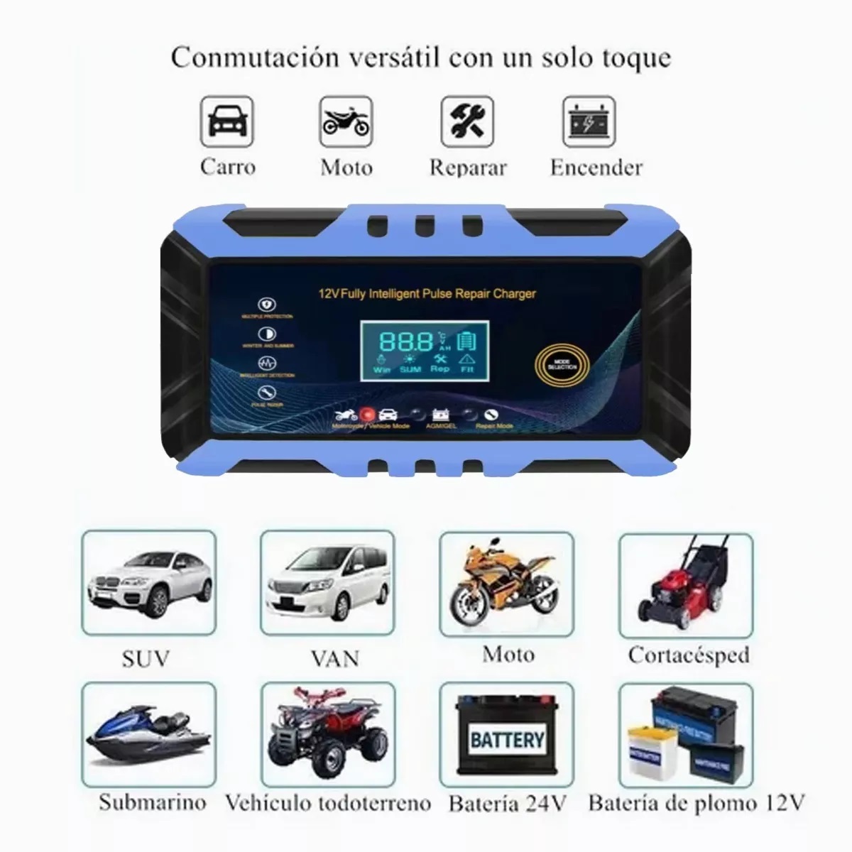 Cargador Inteligente De 12v 6a Para Batería De Auto Moto Azul