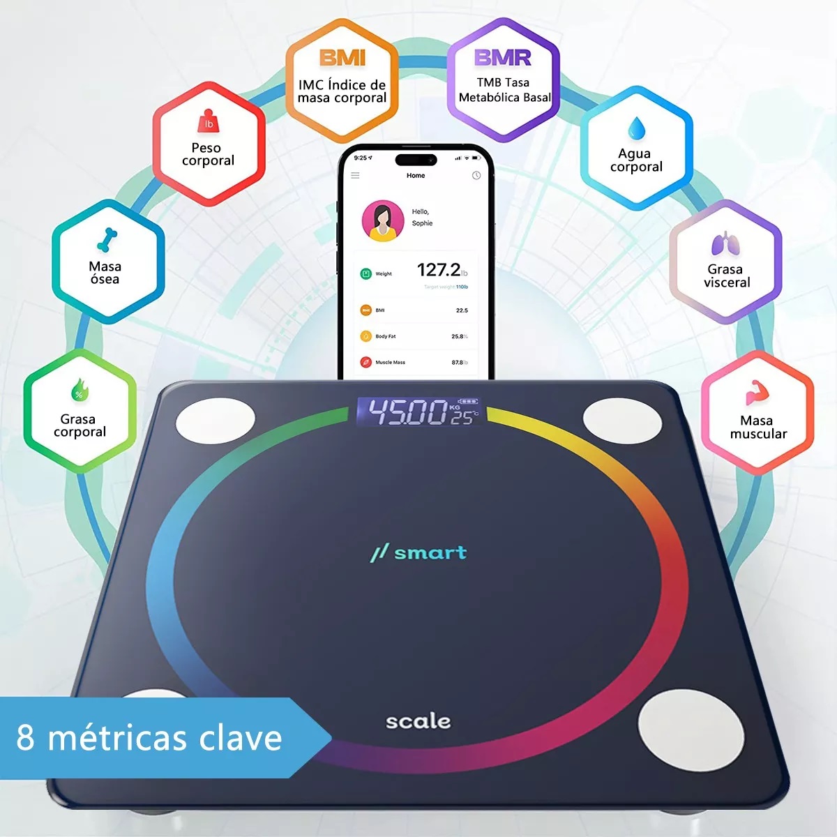 Báscula Bluetooth App Con Indicador De Grasa Y Regla 1.5m