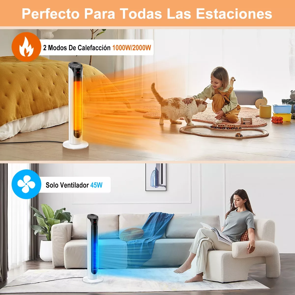 Calefactor Eléctrico Calentador De Aire 60 Oscilación 2000w Torre Blanco