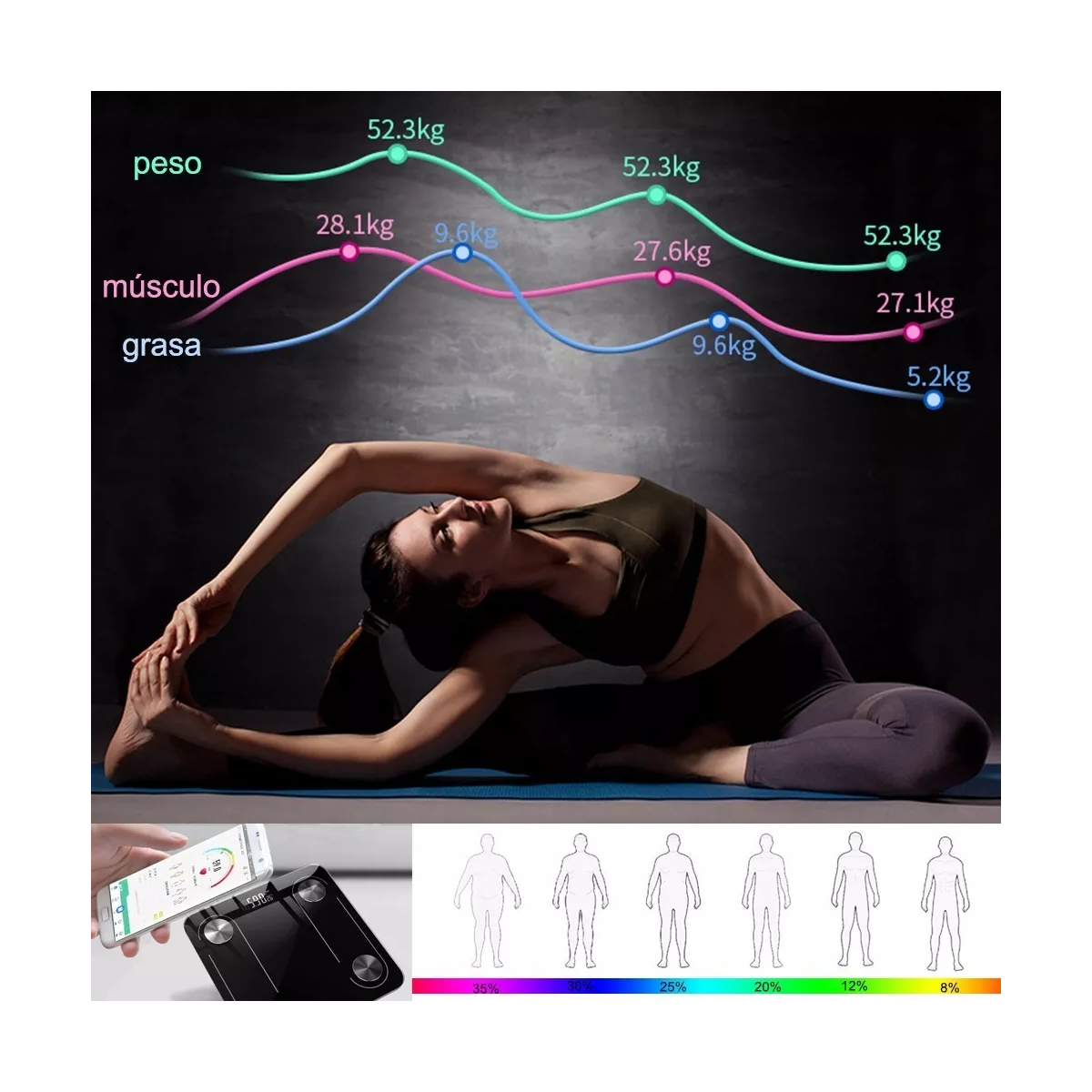 Báscula Electrónica De Baño Bluetooth Inteligente App Okok Negro