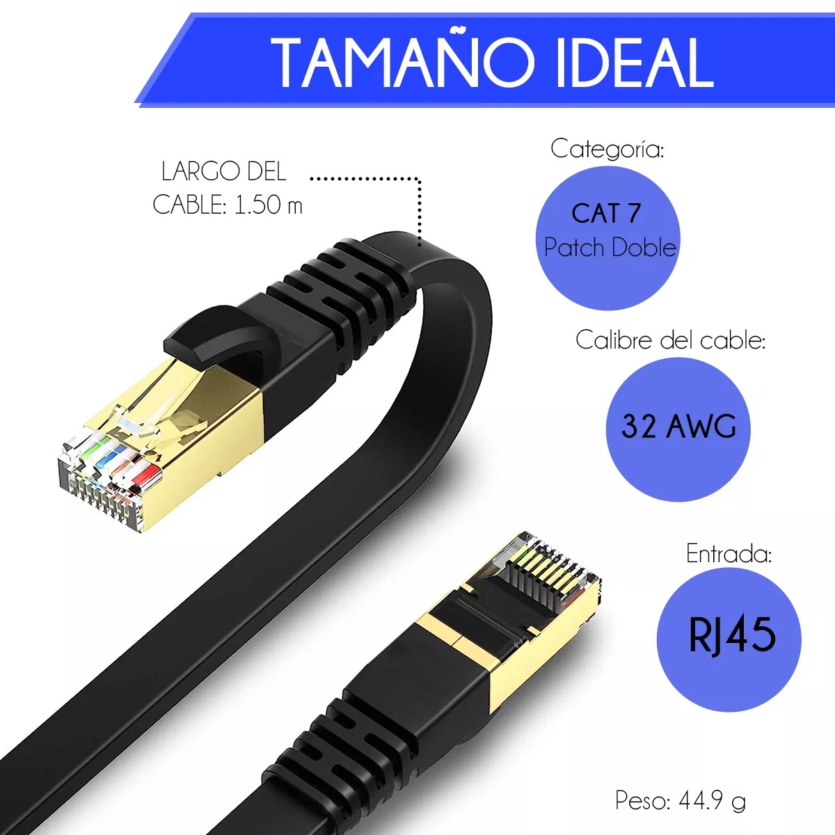 Cable De Red Internet Plano Cat7 Rj45 Utp Ethernet 1.5 Metros Color Negro