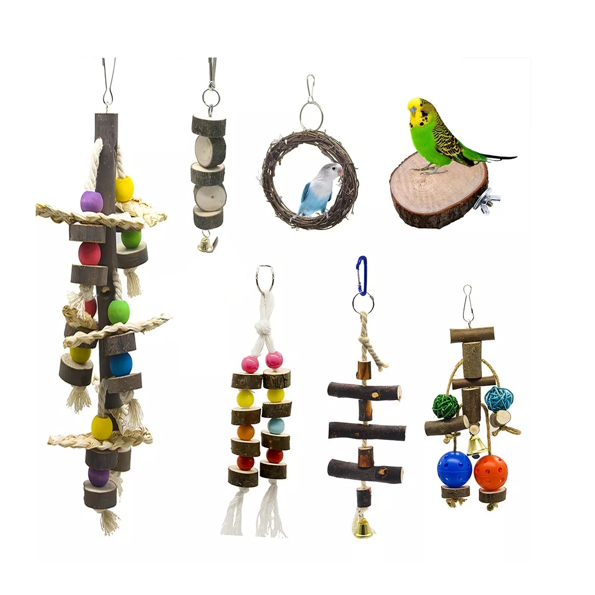 Kit Juguetes Para Loro Pájaro Ave Campana Columpio Percha Natural