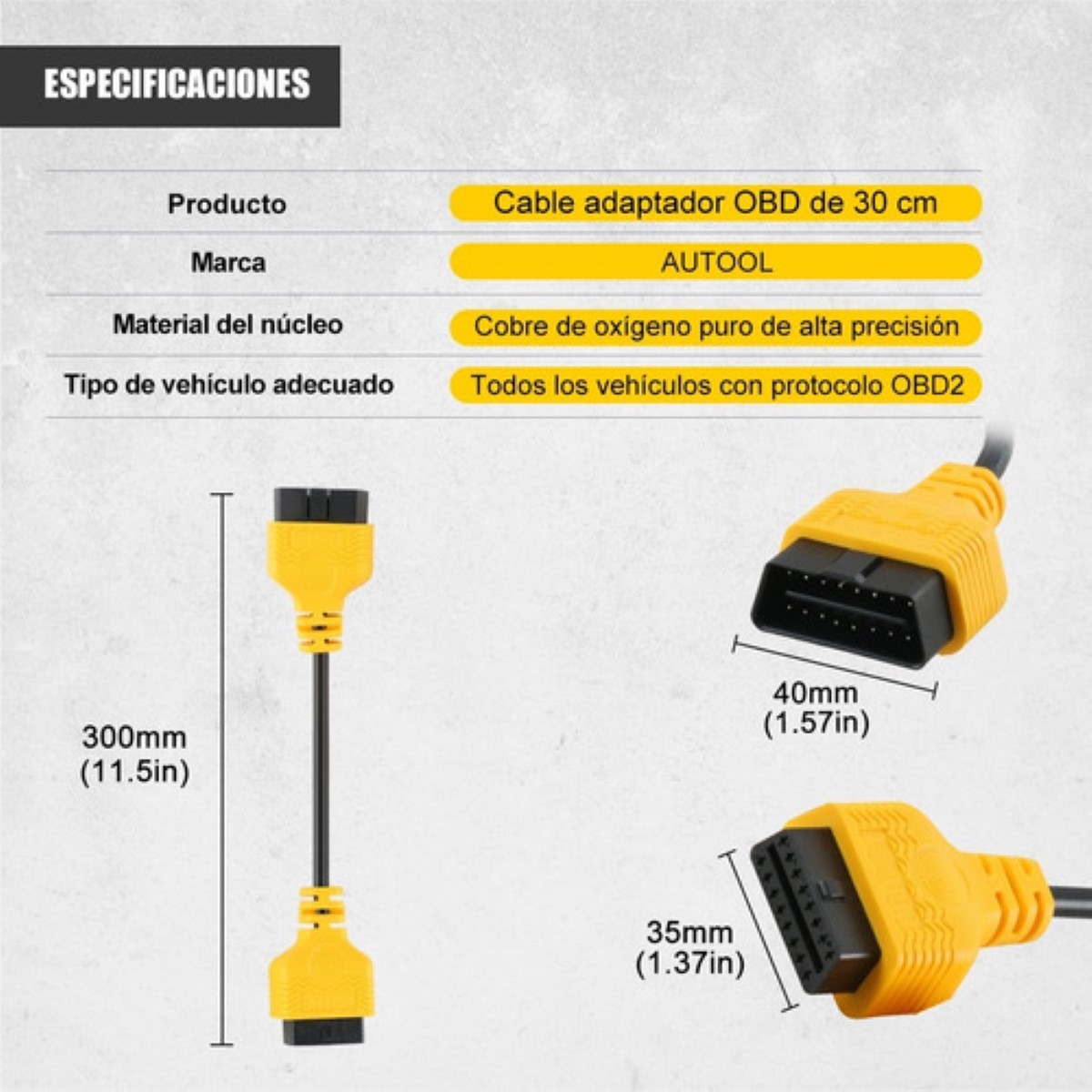 Autool Obd2 - Cable De Extensión De 16 Pines Y Conectores Amarillo 30cm 