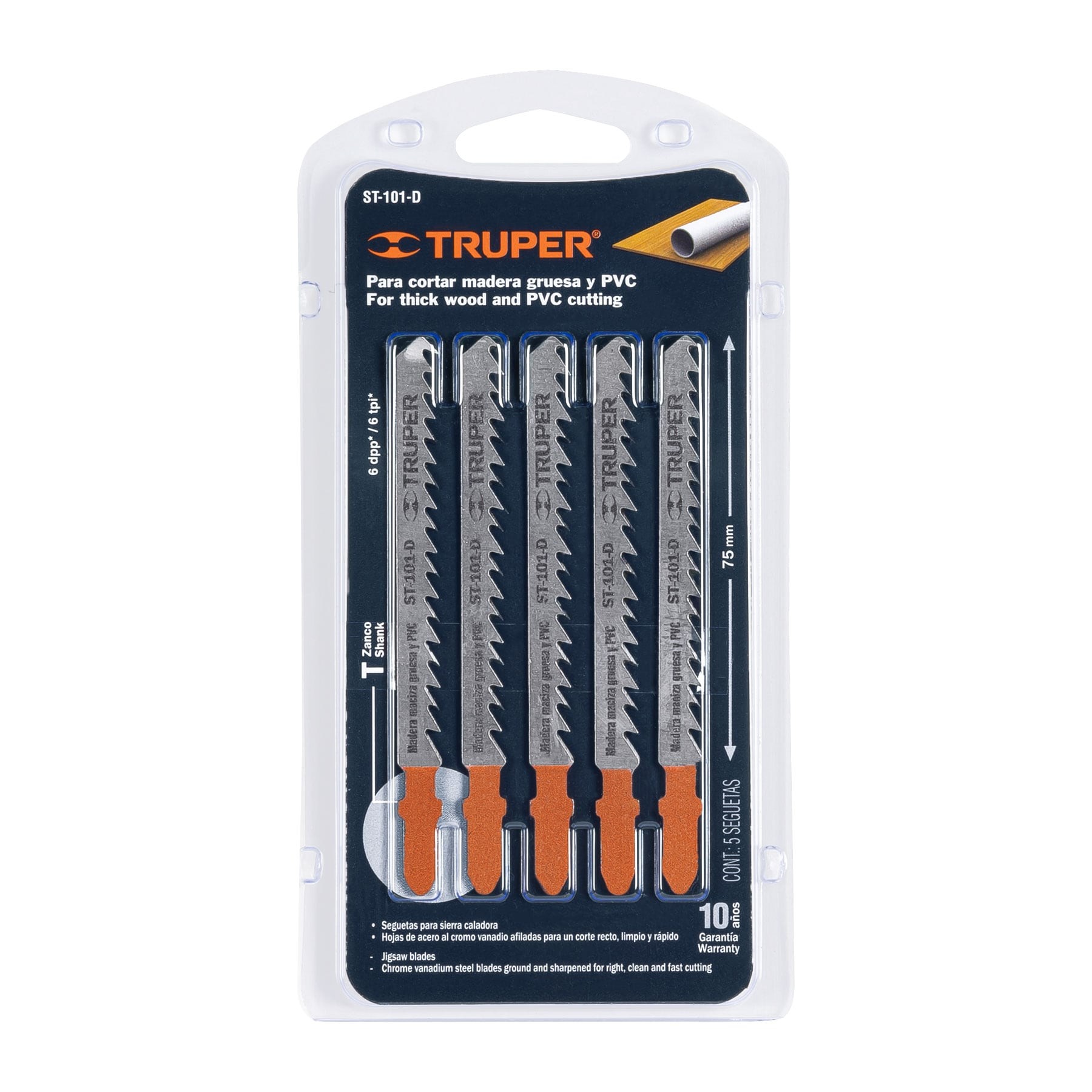 BLÍSTER CON 5 SEGUETAS 6 DPP ZANCO "T" CORTE RECTO MADERA TRUPER 18126