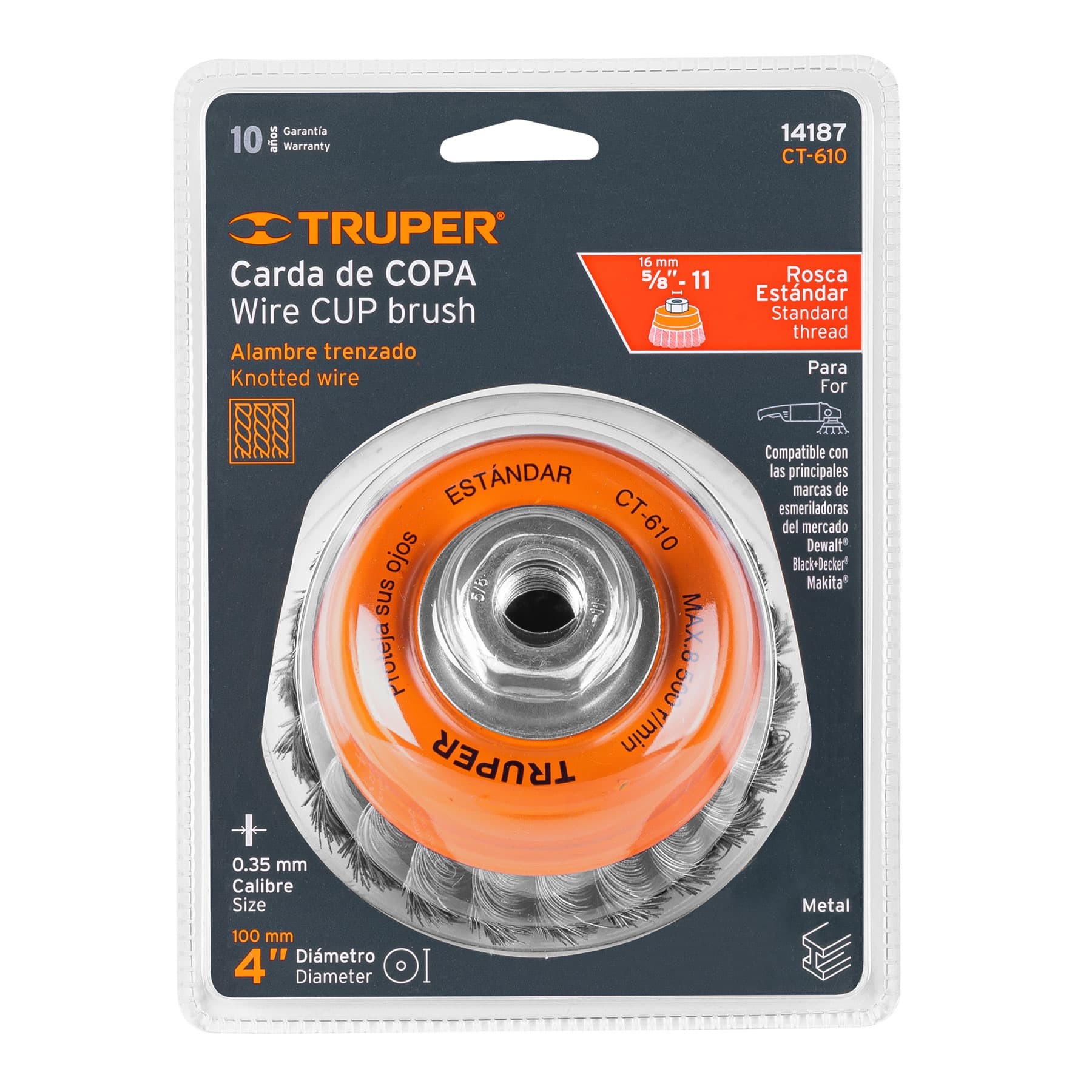 CARDA COPA 4" ALAMBRE TRENZADO FINO, EJE 5/8"-11, TRUPER 14187