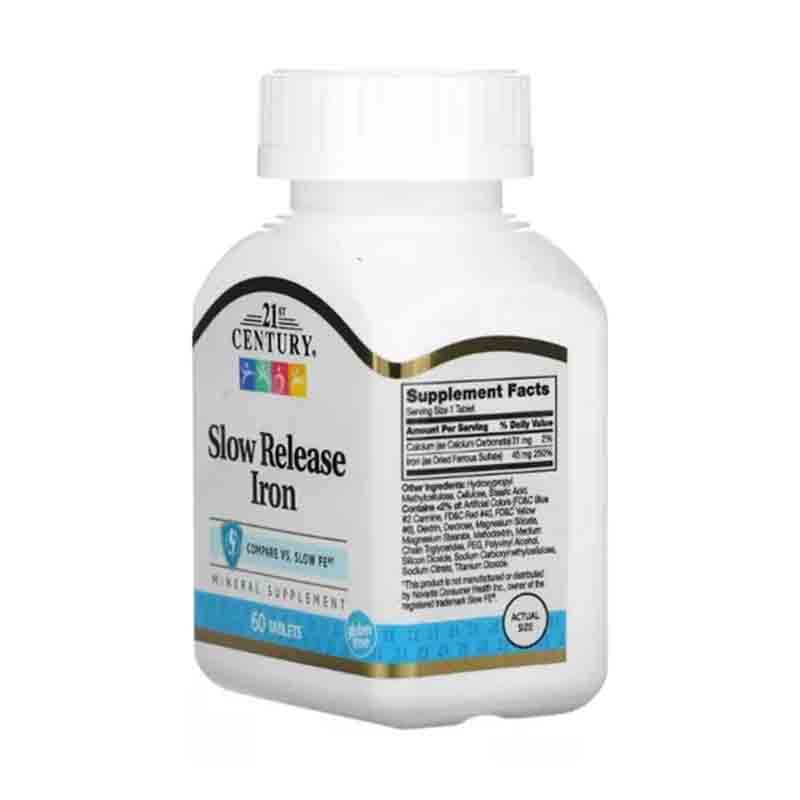 Hierro 45 mg + Calcio 31mg 21st Century Liberacion Tardia 60 tabletas Slow Release Iron 