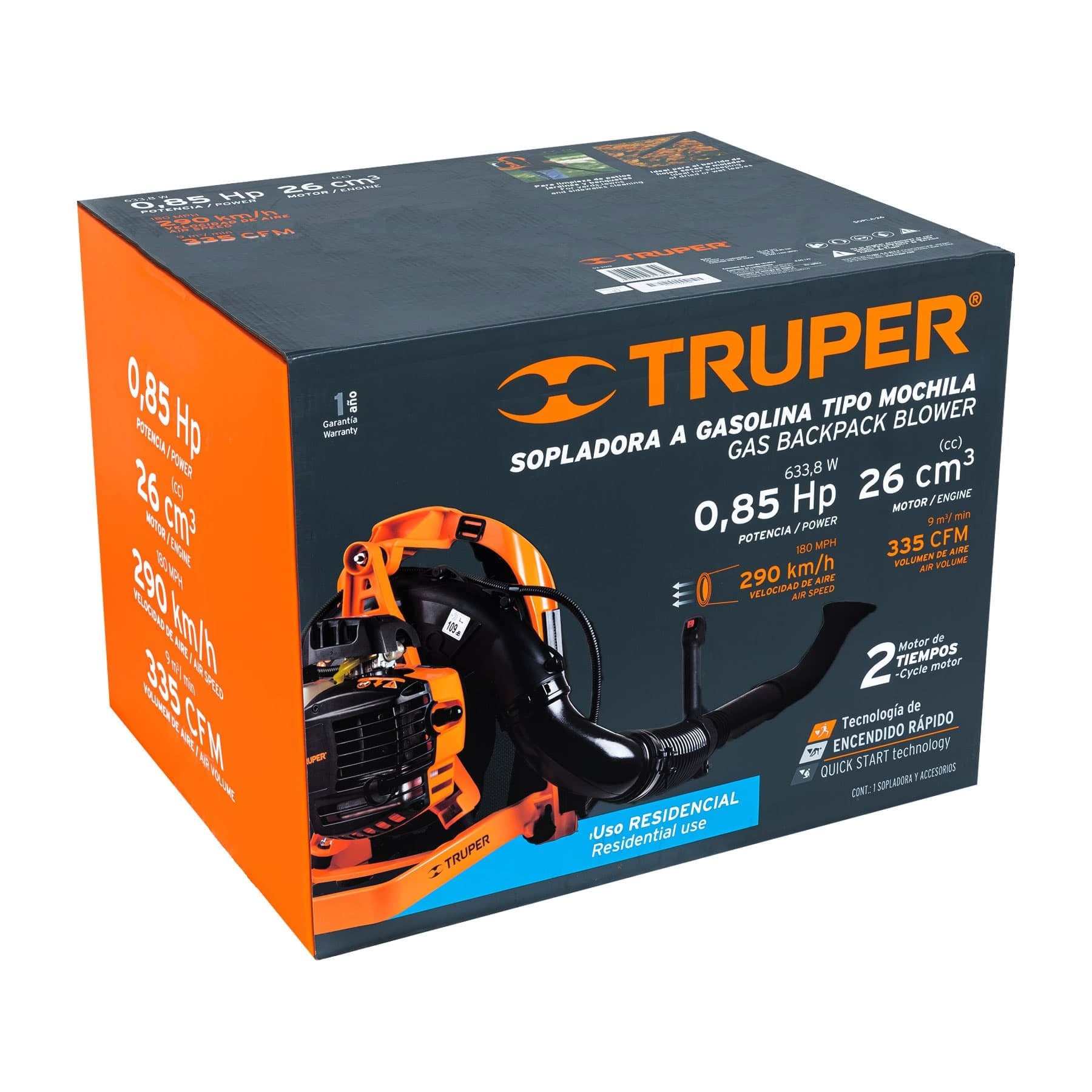 SOPLADORA CON MOTOR DE 26CC A GASOLINA, TIPO MOCHILA, TRUPER 18147
