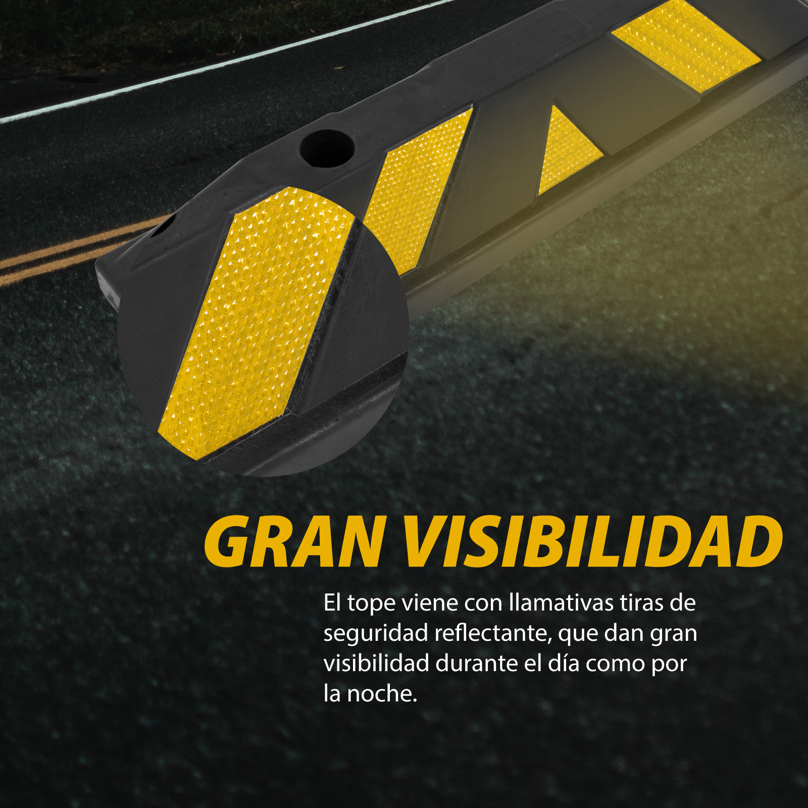 Tope de estacionamiento de Caucho de Alta Resistencia con Tornillos expansivos | Tiras Reflectantes | Tope Reductor de Velocidad