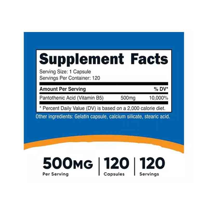 Vitamina B5 500mg Nutricost Acido Pantotenico 120 capsulas Vitamin B5