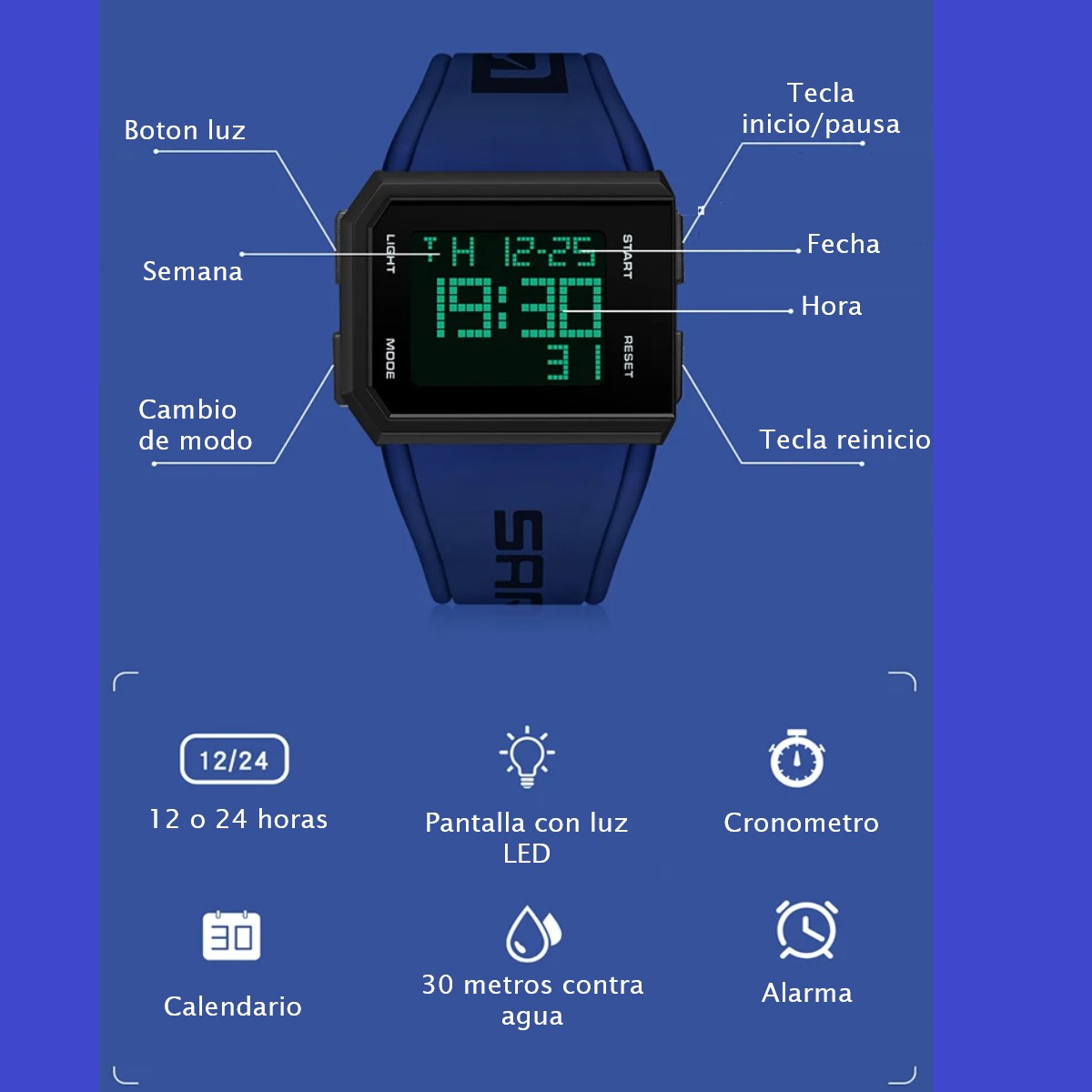 Reloj Digital azul cronógrafo deportivo pulsera electrónica resistente al agua despertador