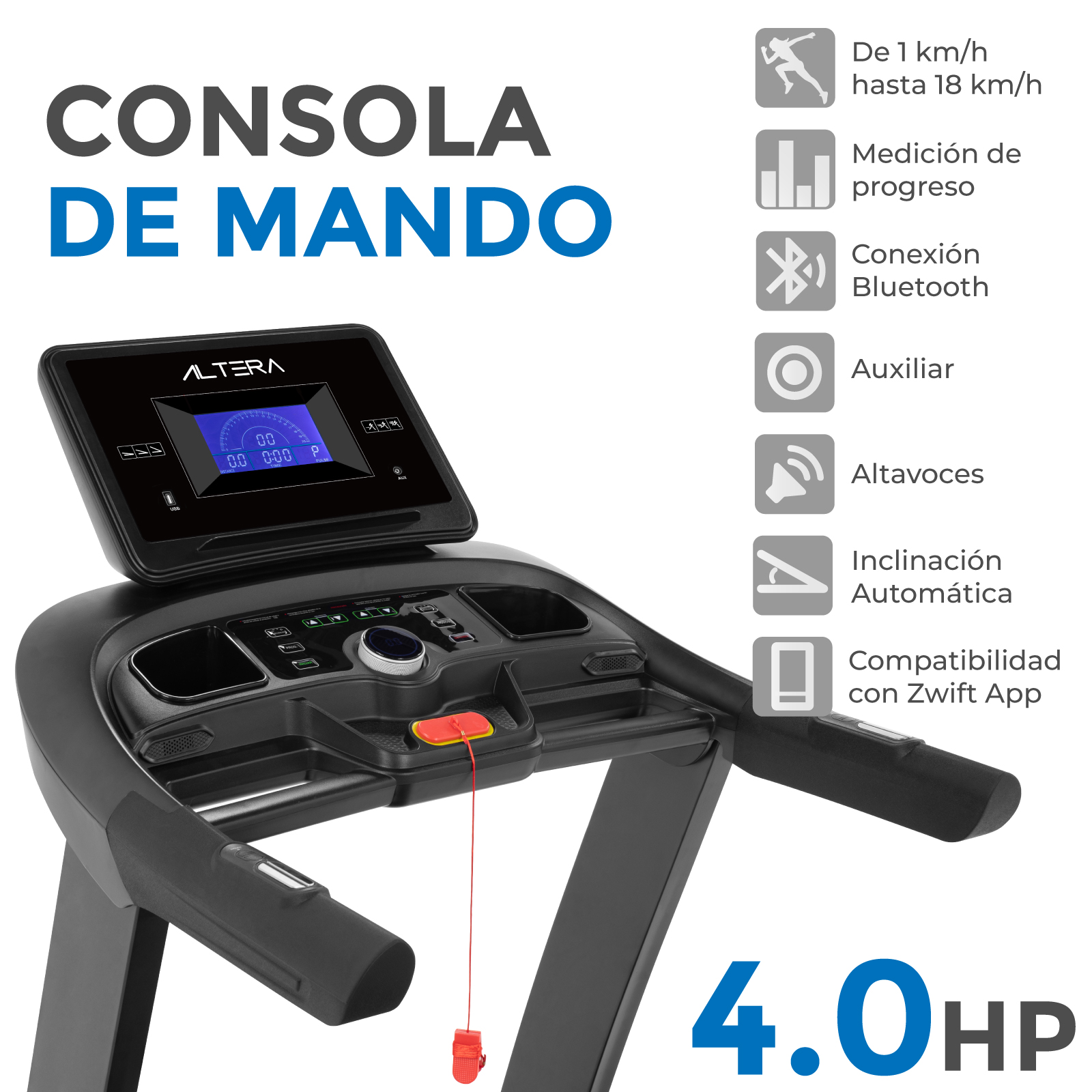 Altera GANTE Caminadora eléctrica Plegable Negra 4 HP con Altavoz | Bluetooth | Pantalla | 15 Niveles y 3 Modos
