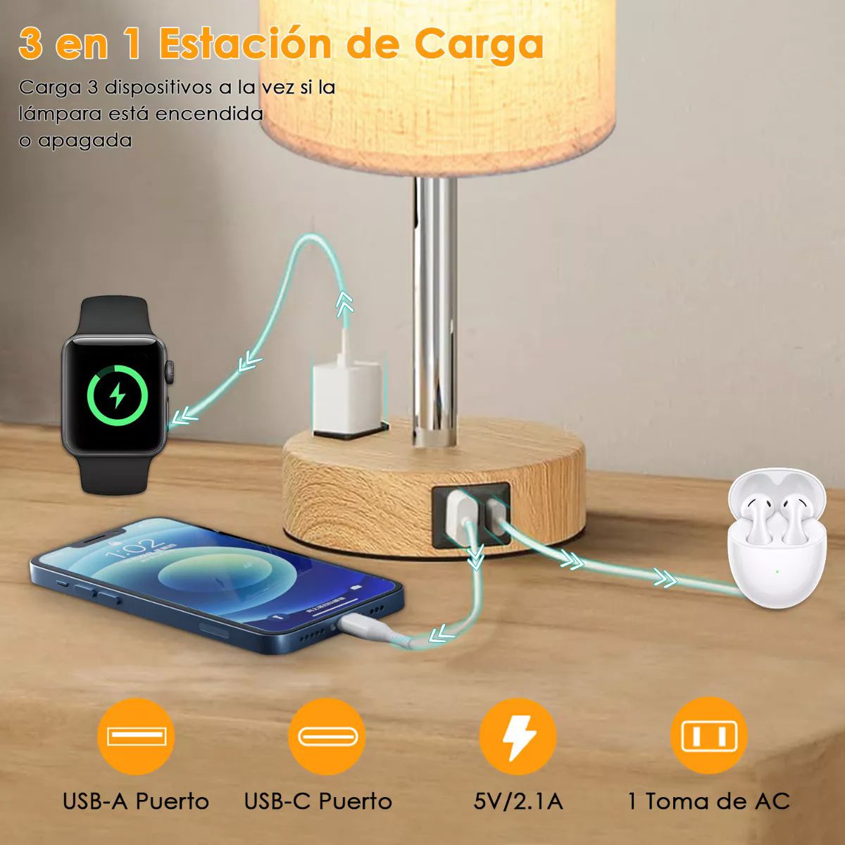 Lámpara de noche con puertos USB, lámpara de mesa de control táctil para  dormitorio con puertos de carga USB C+A y salidas de CA, luz regulable de 3