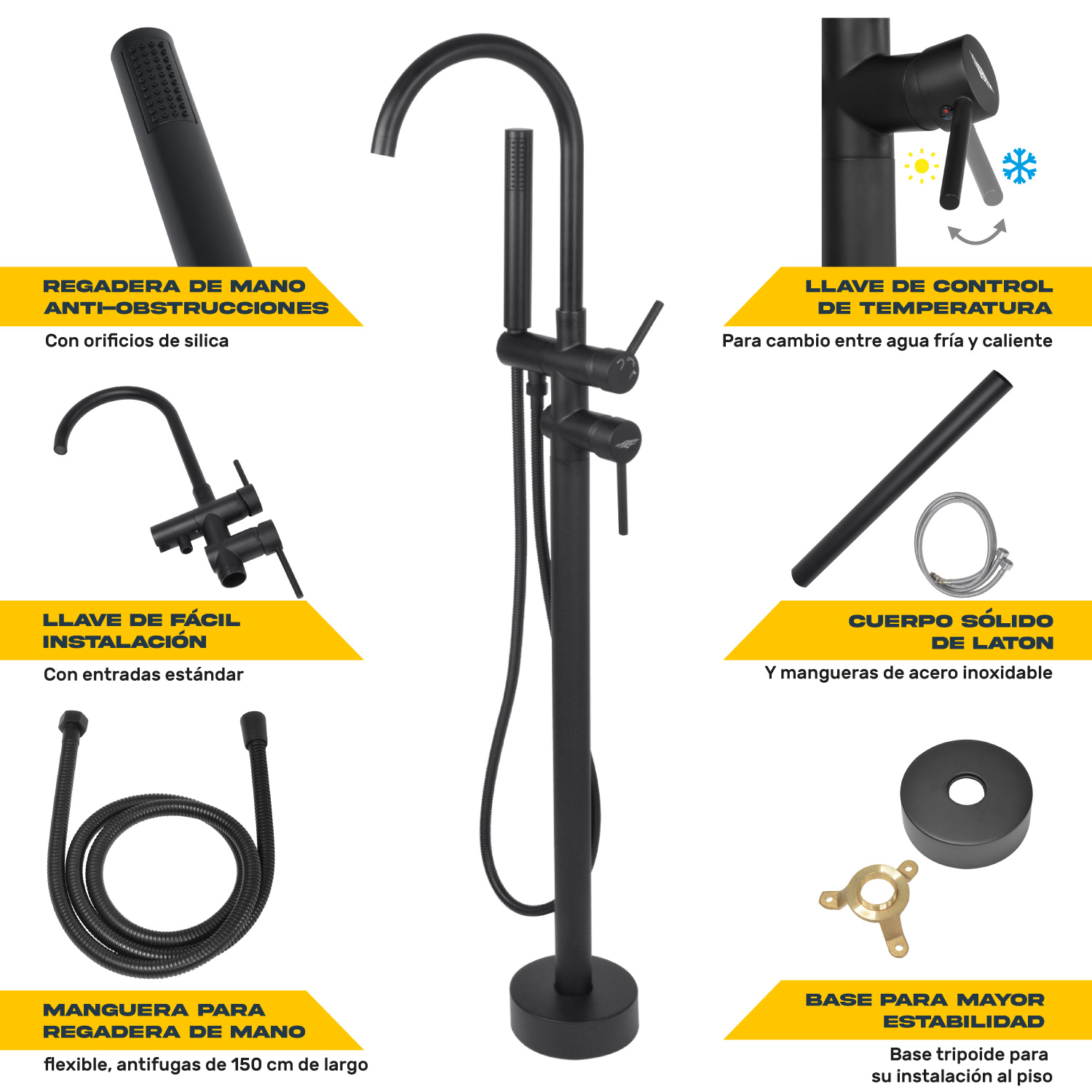 Llave De Piso Tina Grifo Bañera Minimalista Baño Negro