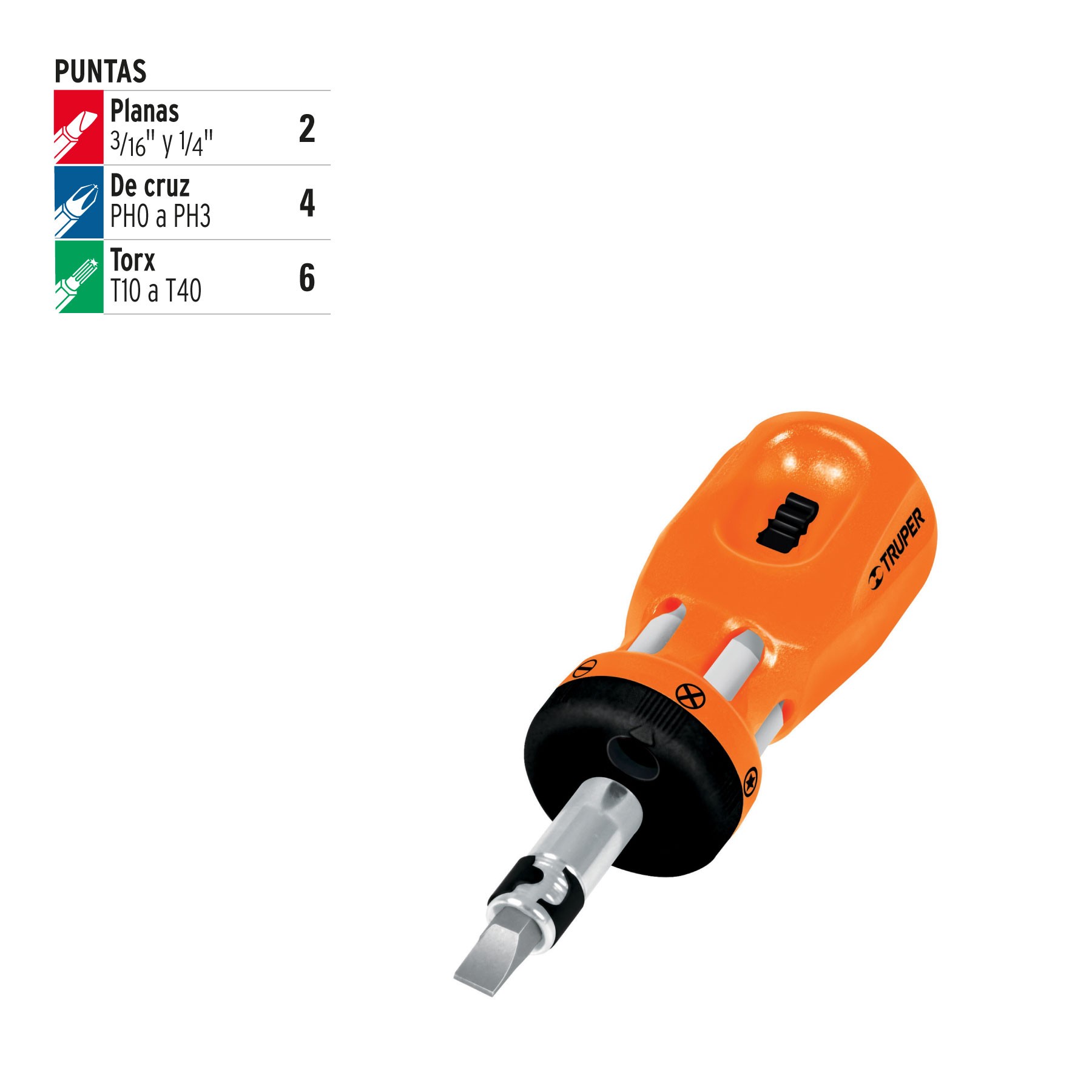 DESARMADOR TIPO TROMPO CON MATRACA Y 6 PUNTAS DOBLES, TRUPER 18193